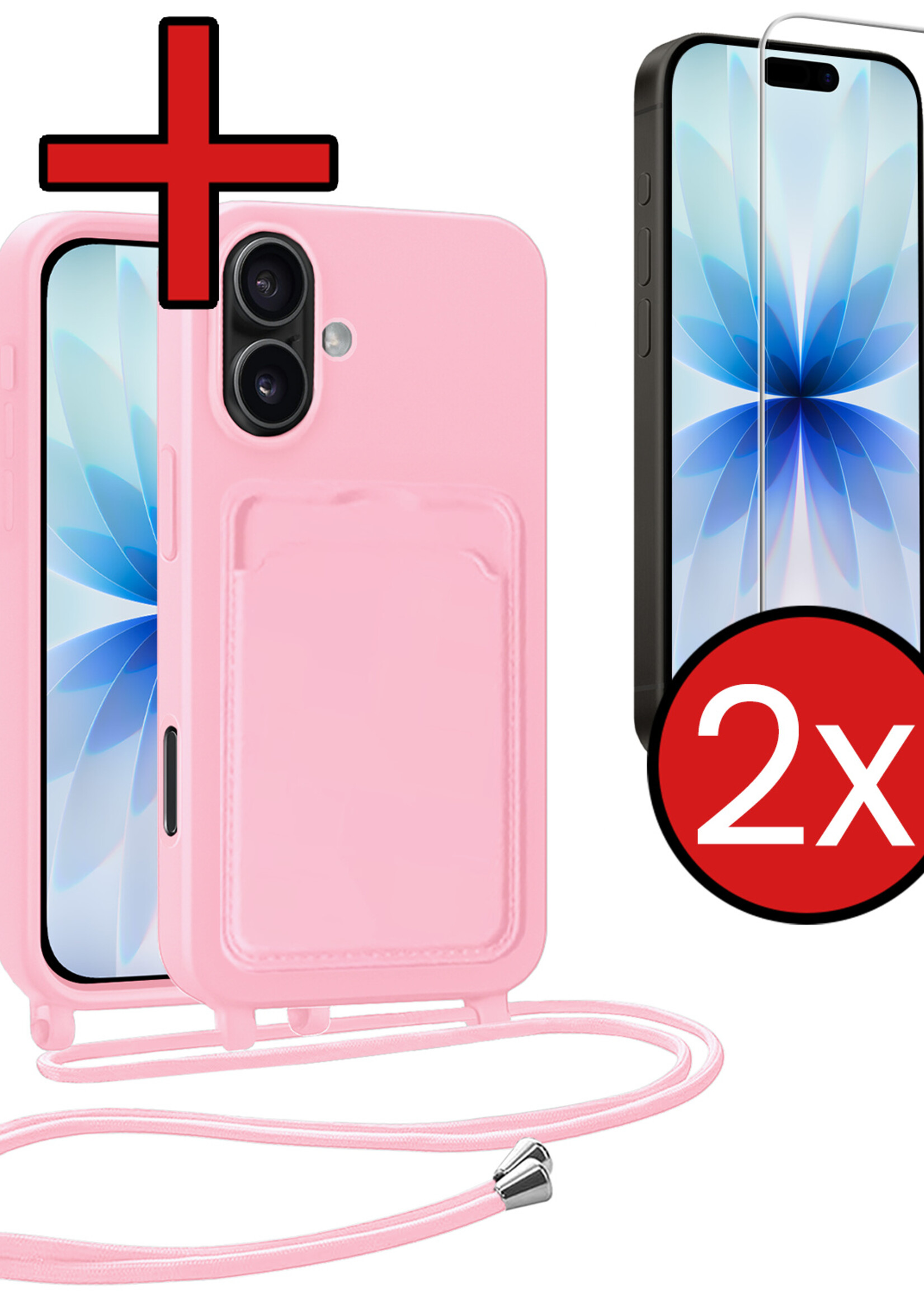 BTH BTH iPhone 17 Hoesje Pashouder met Koord Met 2x Screenprotector - Lichtroze