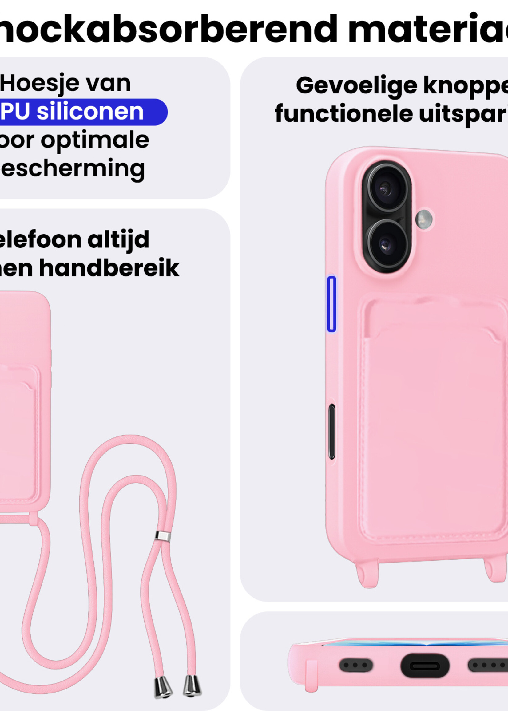BTH BTH iPhone 17 Hoesje Pashouder met Koord Met 2x Screenprotector - Lichtroze