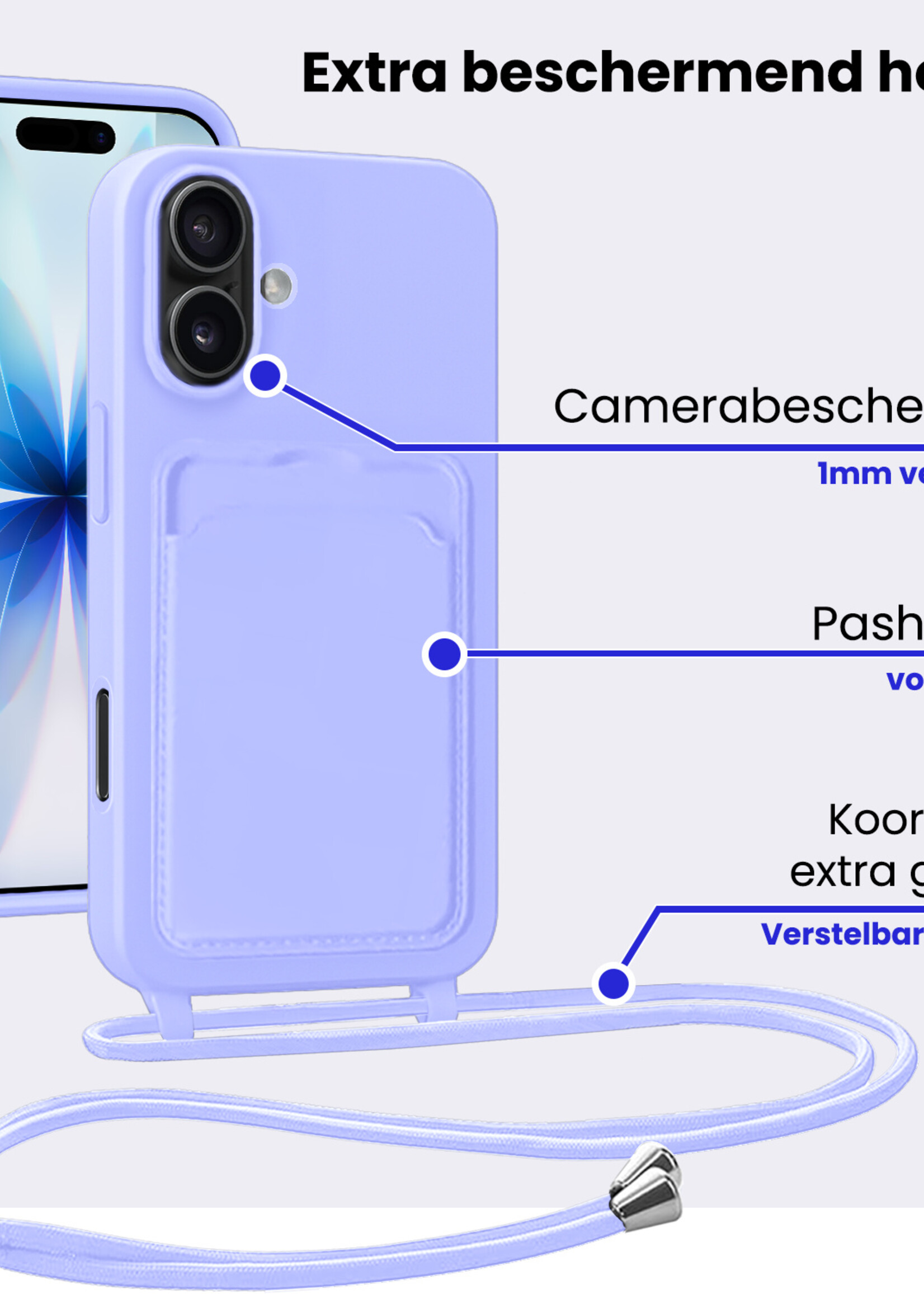 BTH BTH iPhone 17 Hoesje Pashouder met Koord - Lila - 2 PACK