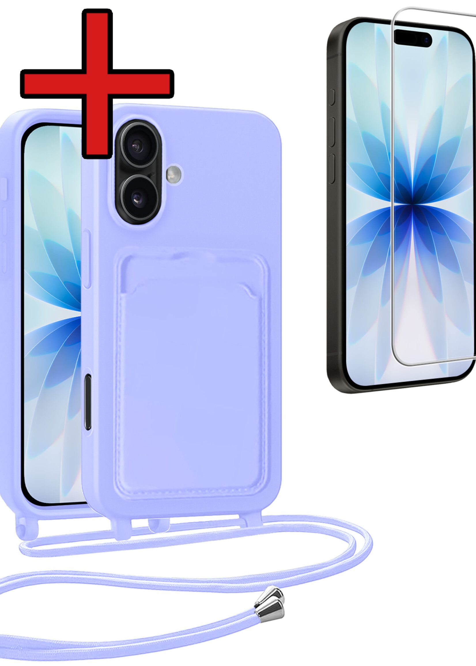 BTH BTH iPhone 17 Hoesje Pashouder met Koord Met Screenprotector - Lila