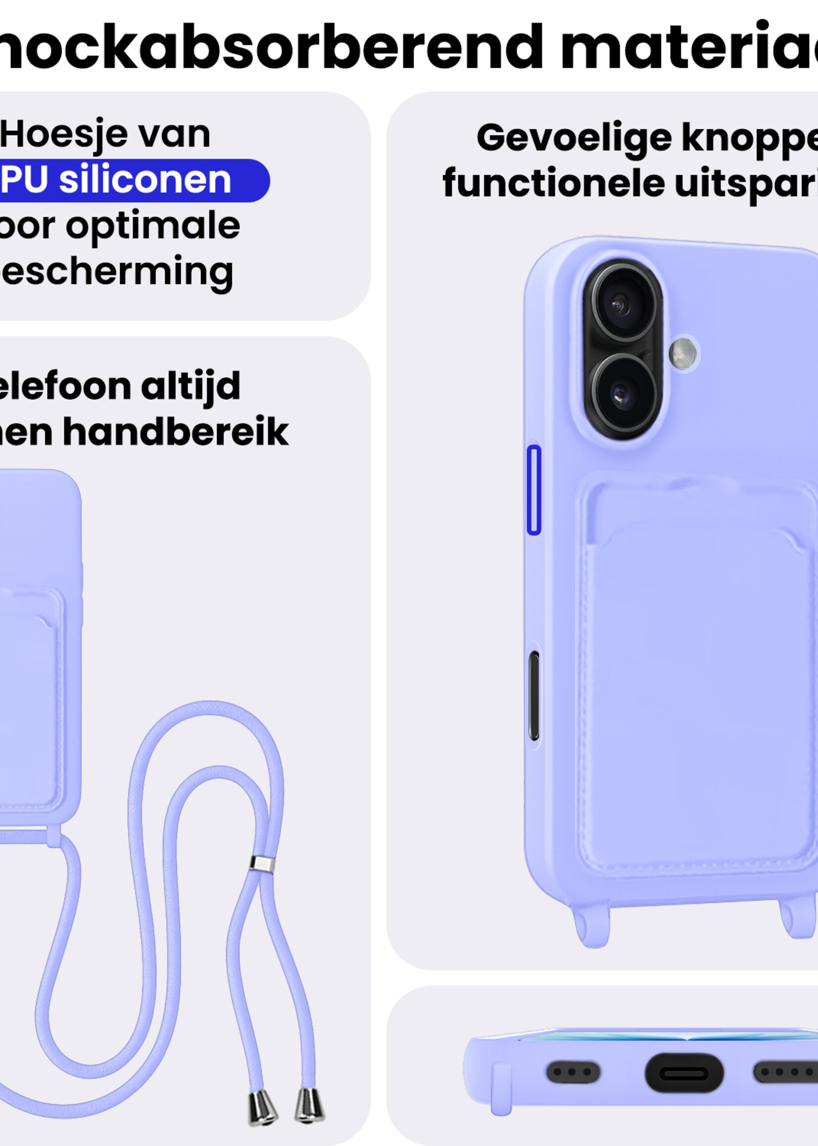 BTH BTH iPhone 17 Hoesje Pashouder met Koord Met Screenprotector - Lila