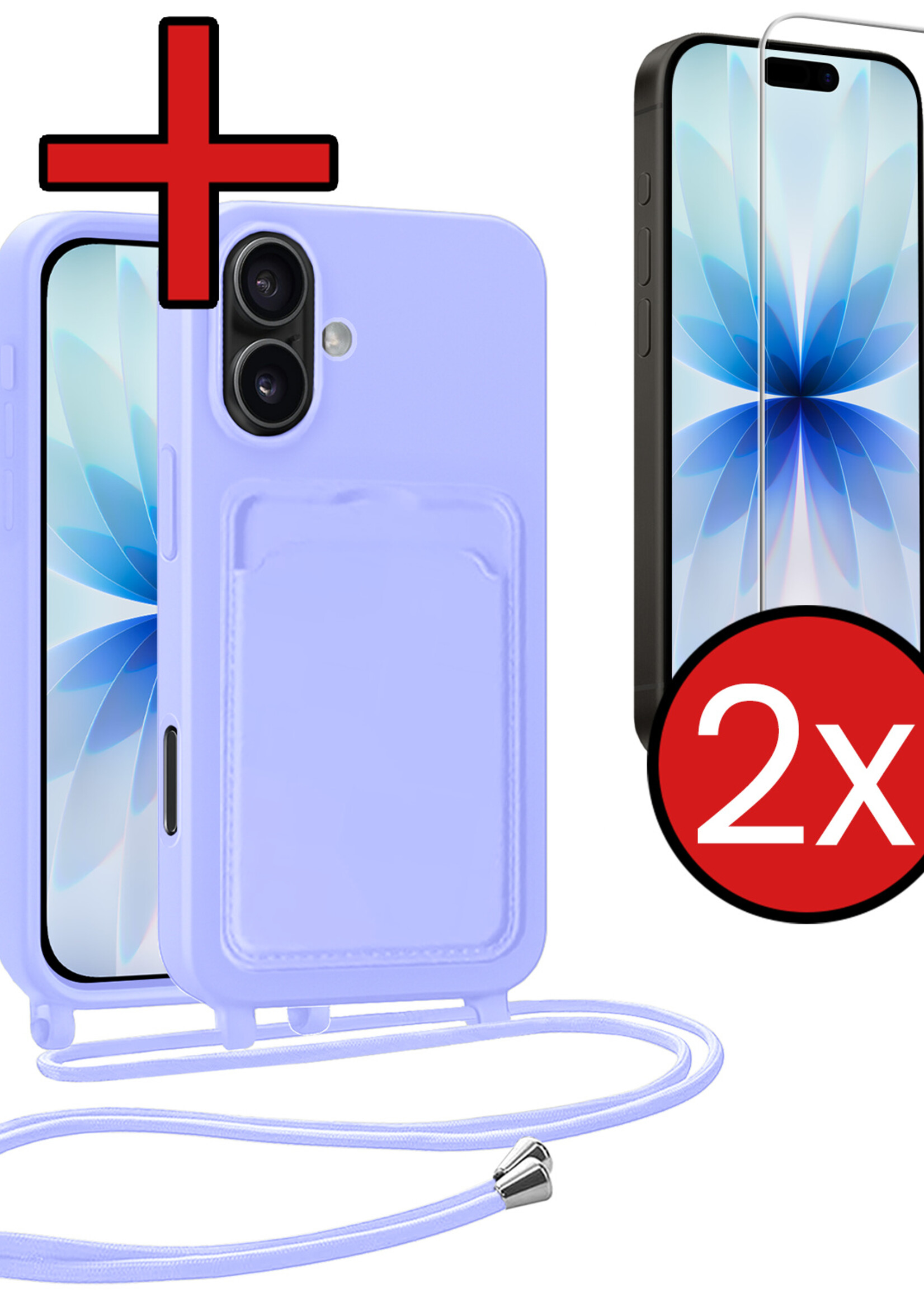 BTH BTH iPhone 17 Hoesje Pashouder met Koord Met 2x Screenprotector - Lila