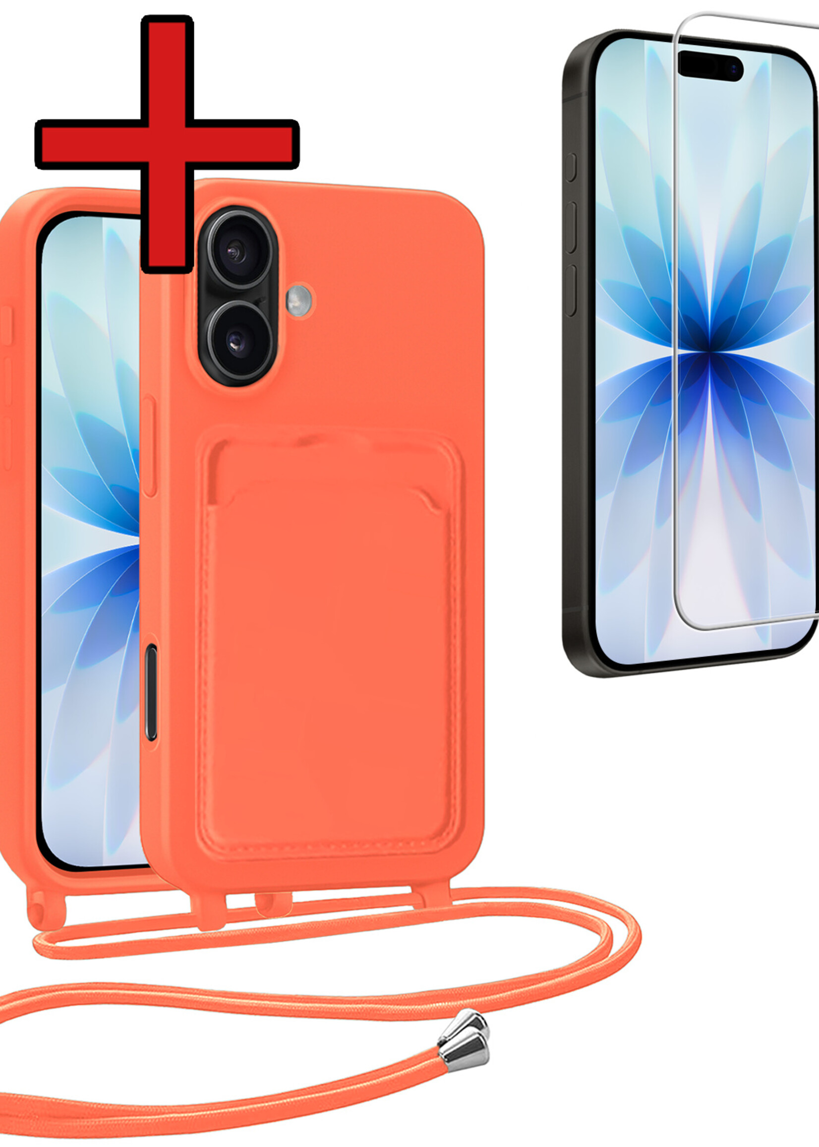 BTH BTH iPhone 17 Hoesje Pashouder met Koord Met Screenprotector - Papaya