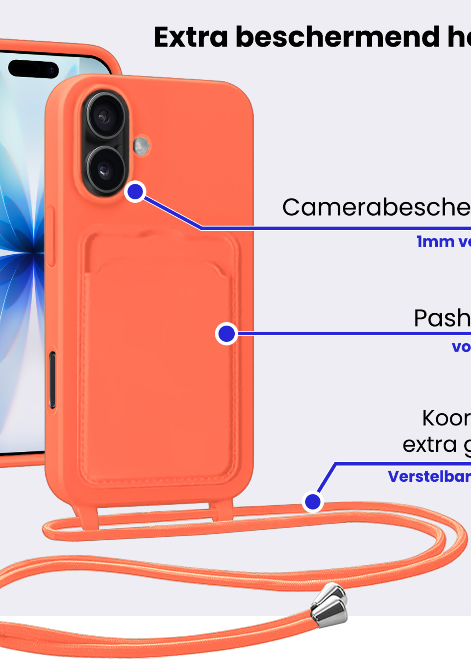 BTH BTH iPhone 17 Hoesje Pashouder met Koord Met 2x Screenprotector - Papaya
