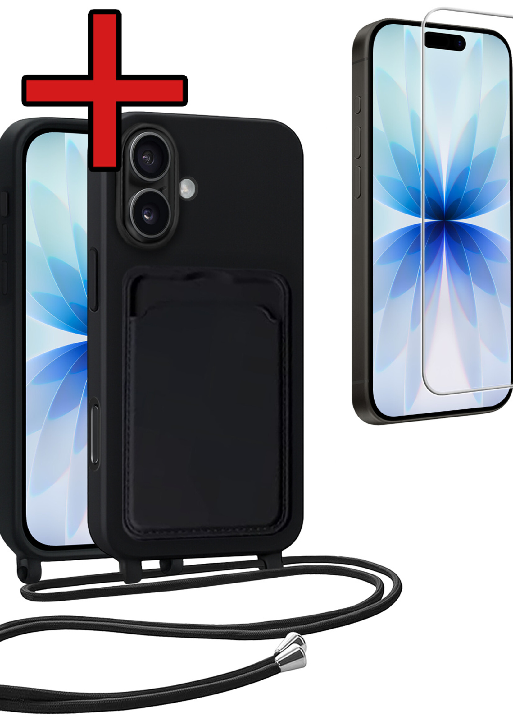 BTH BTH iPhone 17 Hoesje Pashouder met Koord Met Screenprotector - Zwart