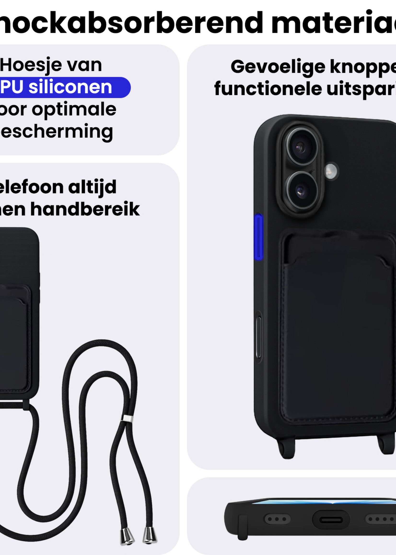 BTH BTH iPhone 17 Hoesje Pashouder met Koord Met Screenprotector - Zwart