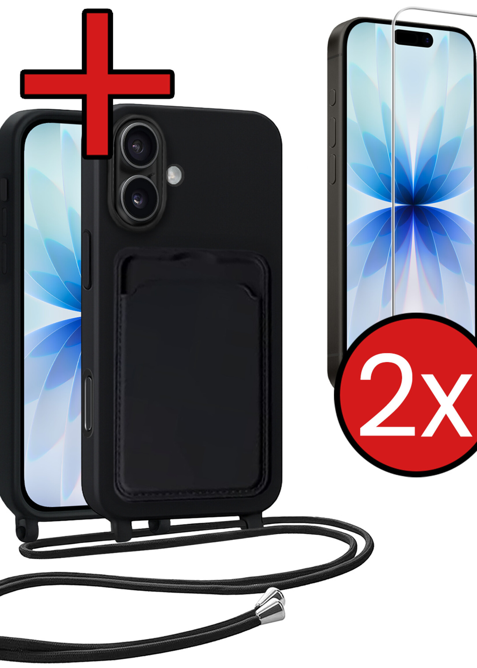 BTH BTH iPhone 17 Hoesje Pashouder met Koord Met 2x Screenprotector - Zwart