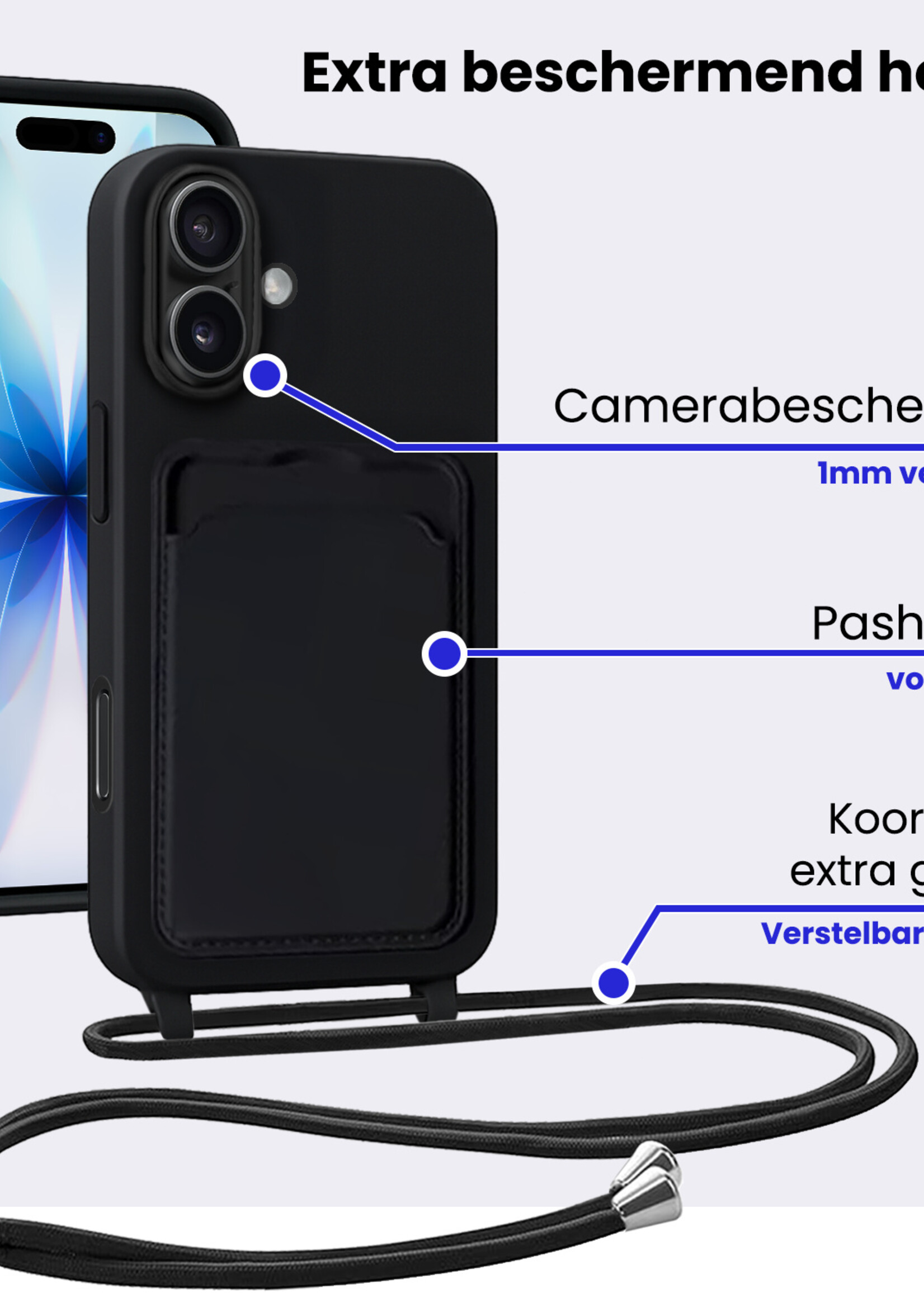 BTH BTH iPhone 17 Hoesje Pashouder met Koord Met 2x Screenprotector - Zwart