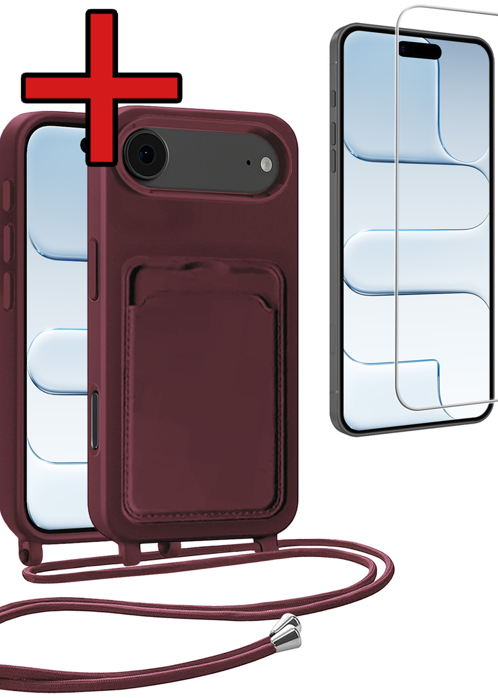 BTH BTH iPhone Air Hoesje Pashouder met Koord Met Screenprotector - Aubergine