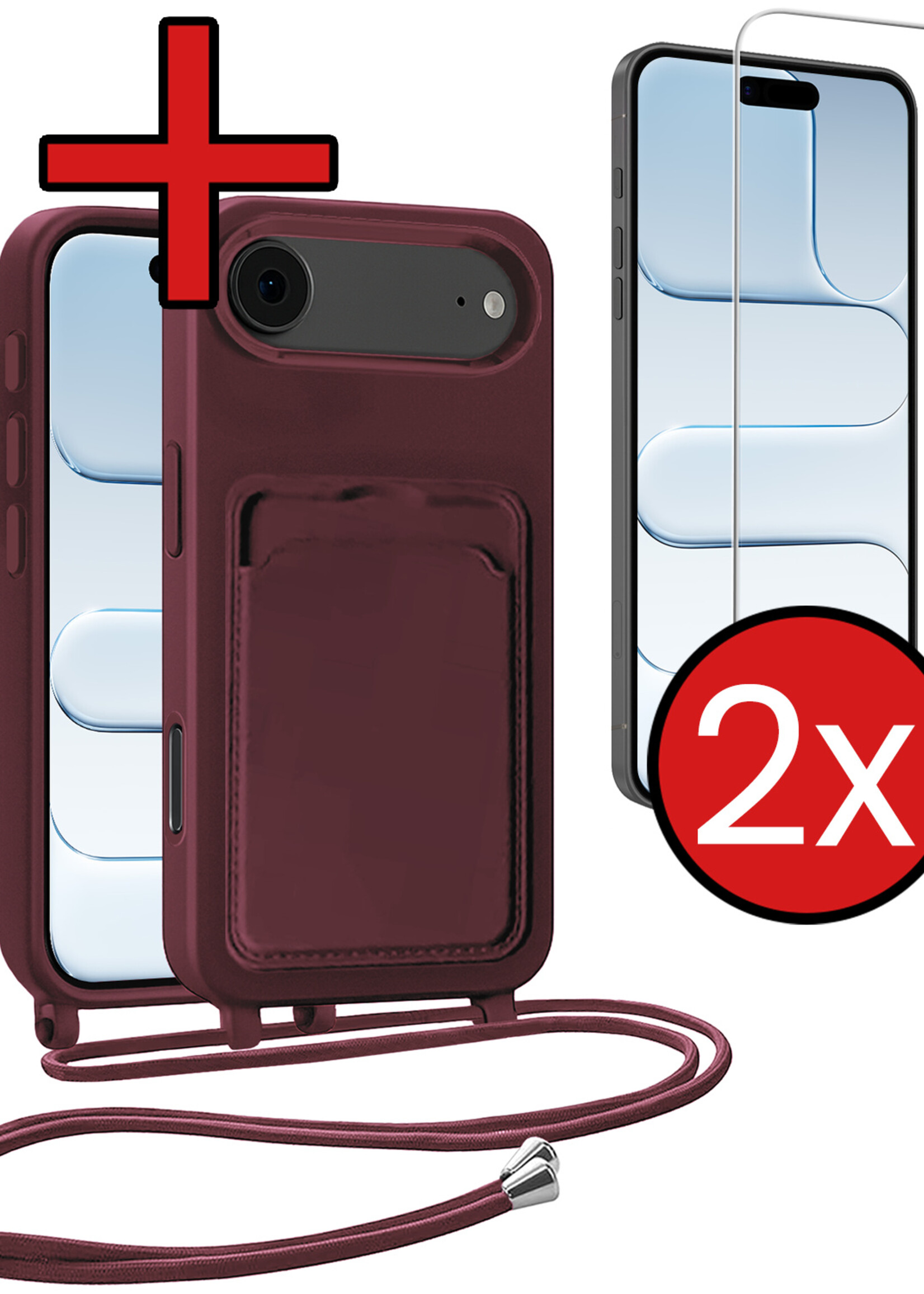 BTH BTH iPhone Air Hoesje Pashouder met Koord Met 2x Screenprotector - Aubergine