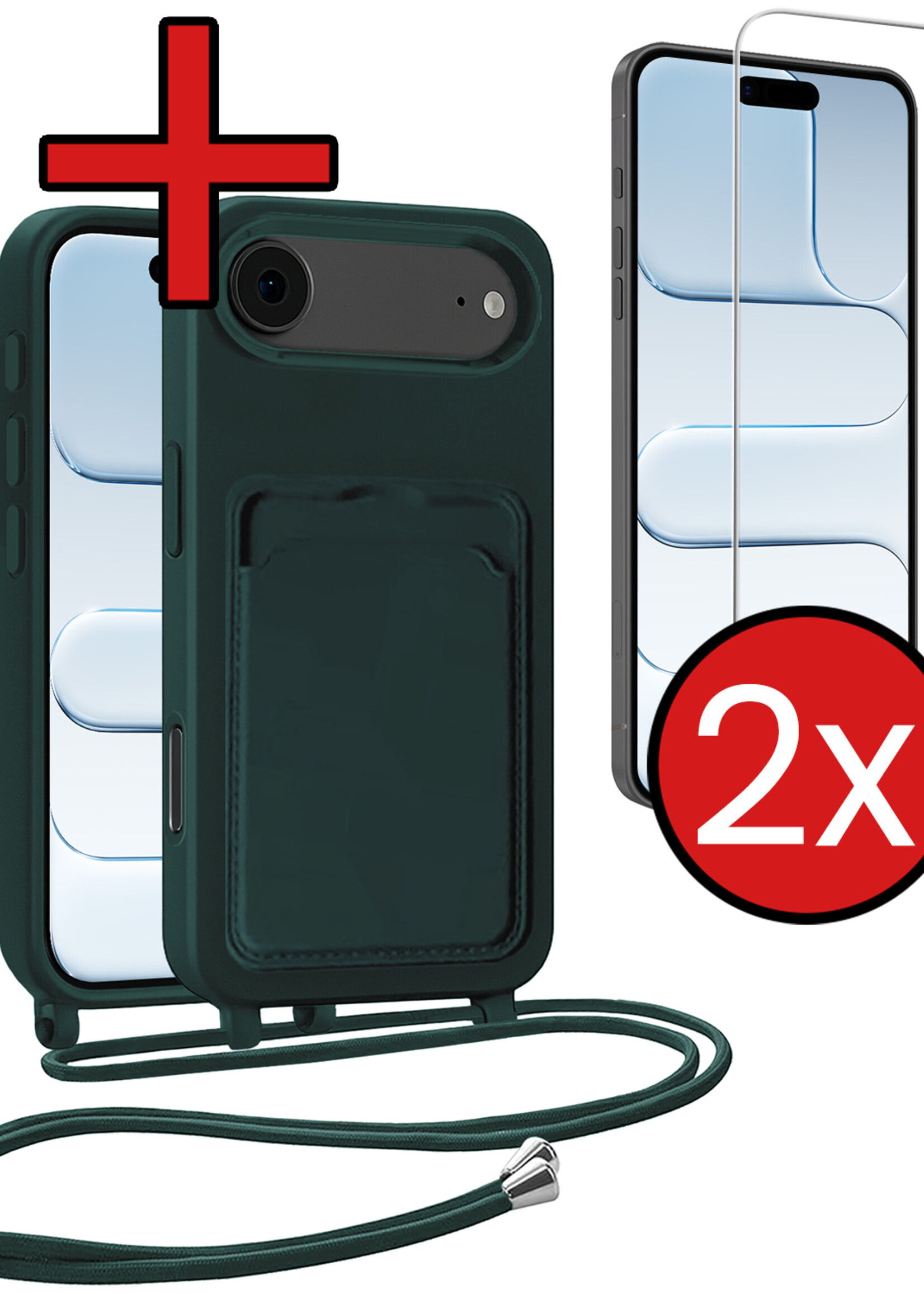 BTH BTH iPhone Air Hoesje Pashouder met Koord Met 2x Screenprotector - Donkergroen