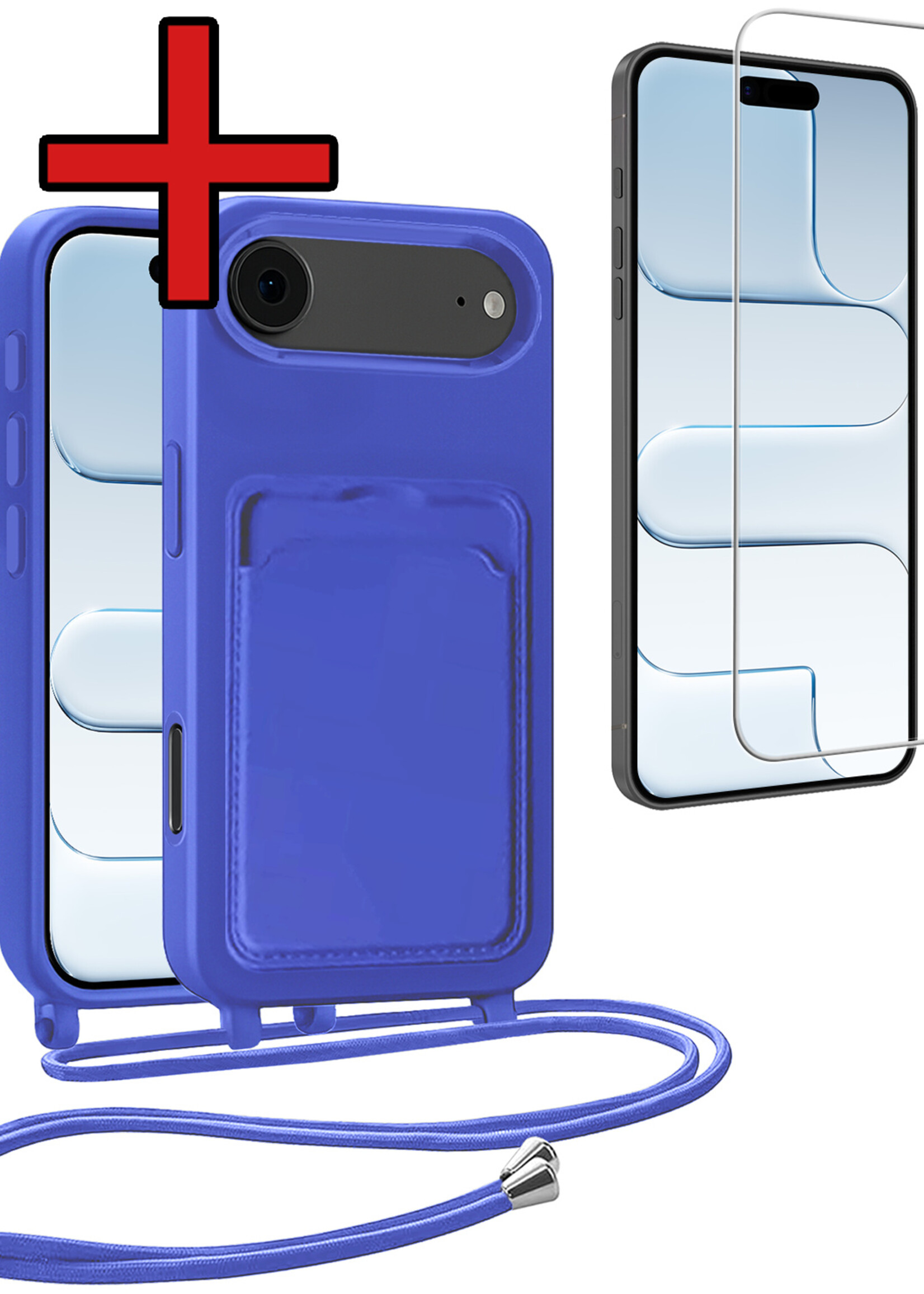 BTH BTH iPhone Air Hoesje Pashouder met Koord Met Screenprotector - Fel Blauw