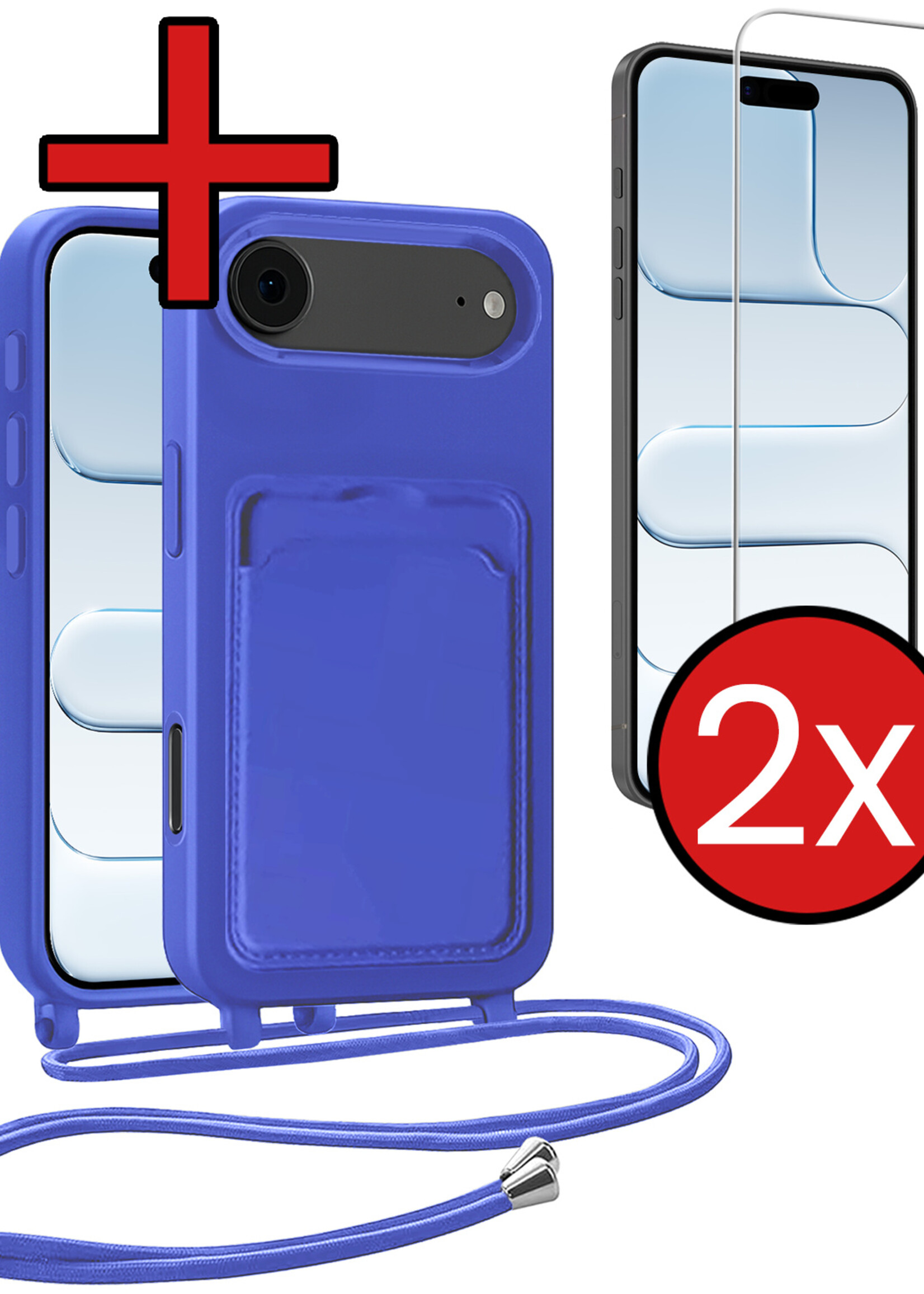 BTH BTH iPhone Air Hoesje Pashouder met Koord Met 2x Screenprotector - Fel Blauw