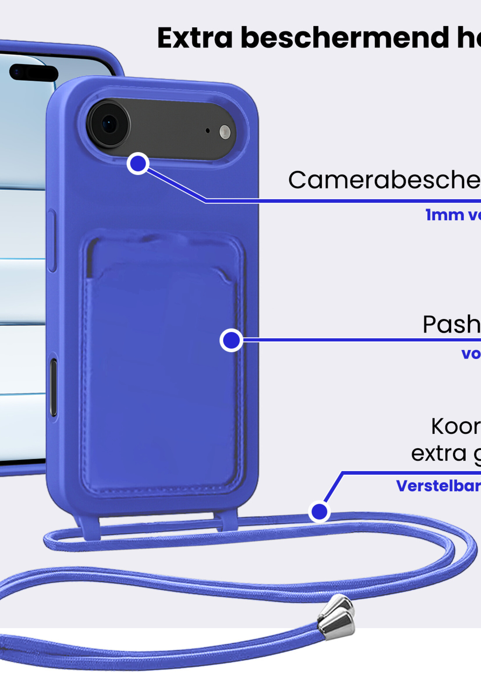 BTH BTH iPhone Air Hoesje Pashouder met Koord Met 2x Screenprotector - Fel Blauw
