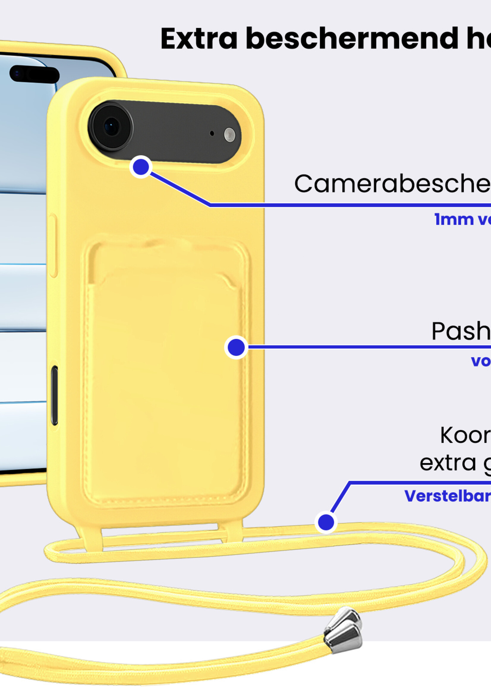 BTH BTH iPhone Air Hoesje Pashouder met Koord Met 2x Screenprotector - Geel