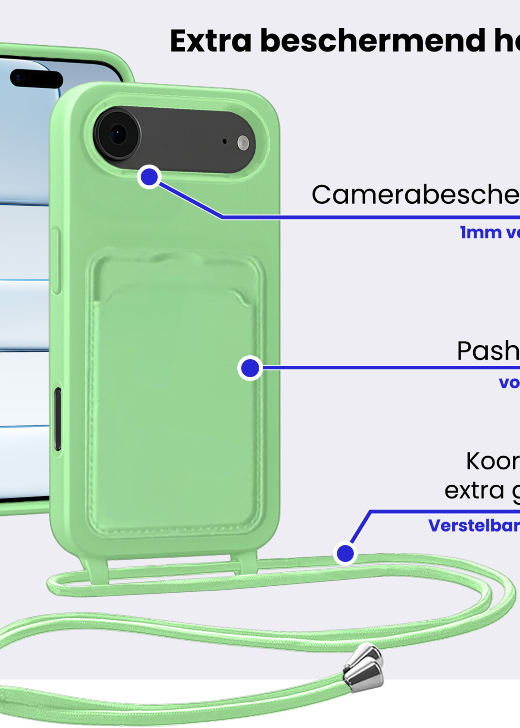 BTH BTH iPhone Air Hoesje Pashouder met Koord Met 2x Screenprotector - Groen