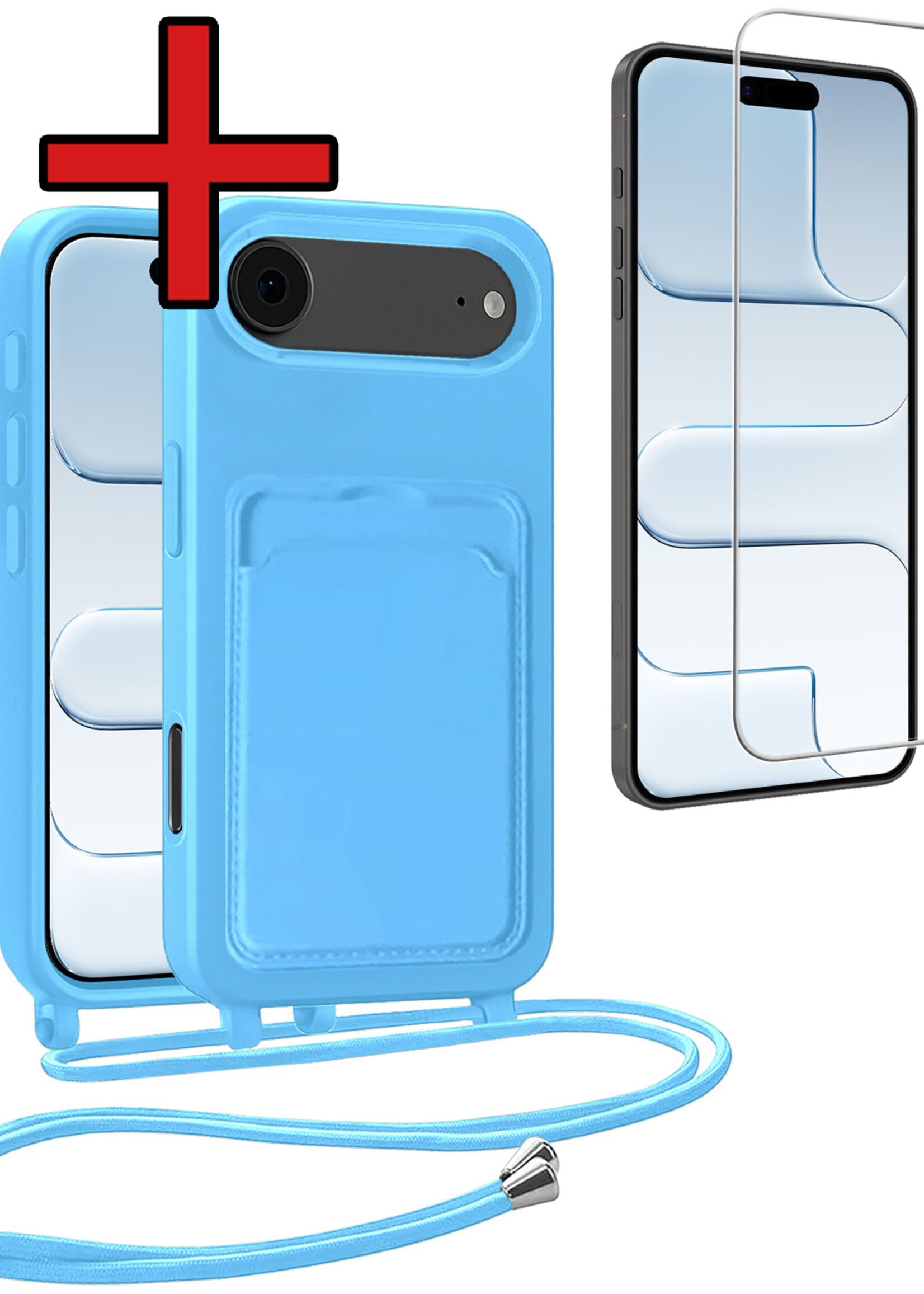 BTH BTH iPhone Air Hoesje Pashouder met Koord Met Screenprotector - Lichtblauw