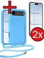 BTH BTH iPhone Air Hoesje Pashouder met Koord Met 2x Screenprotector - Lichtblauw