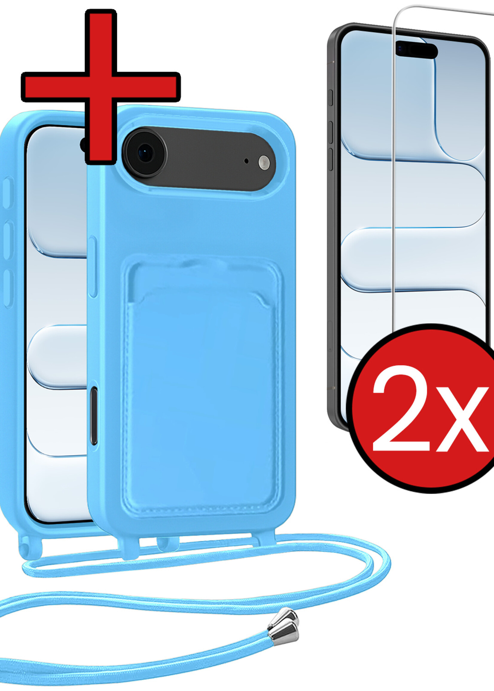 BTH BTH iPhone Air Hoesje Pashouder met Koord Met 2x Screenprotector - Lichtblauw
