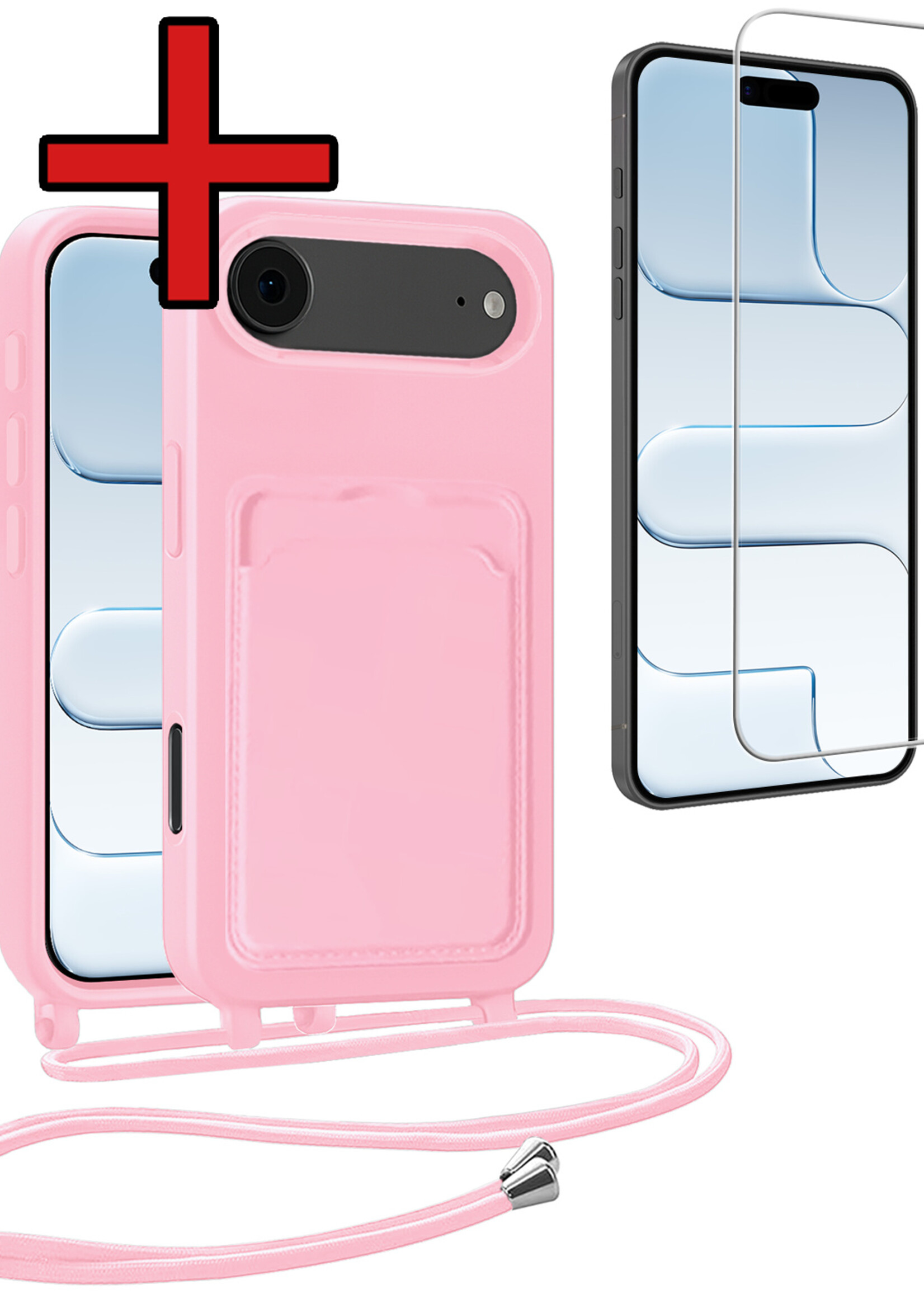BTH BTH iPhone Air Hoesje Pashouder met Koord Met Screenprotector - Lichtroze