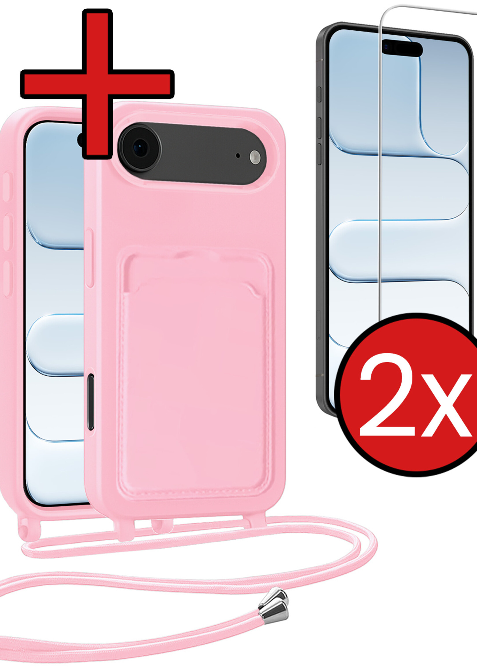 BTH BTH iPhone Air Hoesje Pashouder met Koord Met 2x Screenprotector - Lichtroze