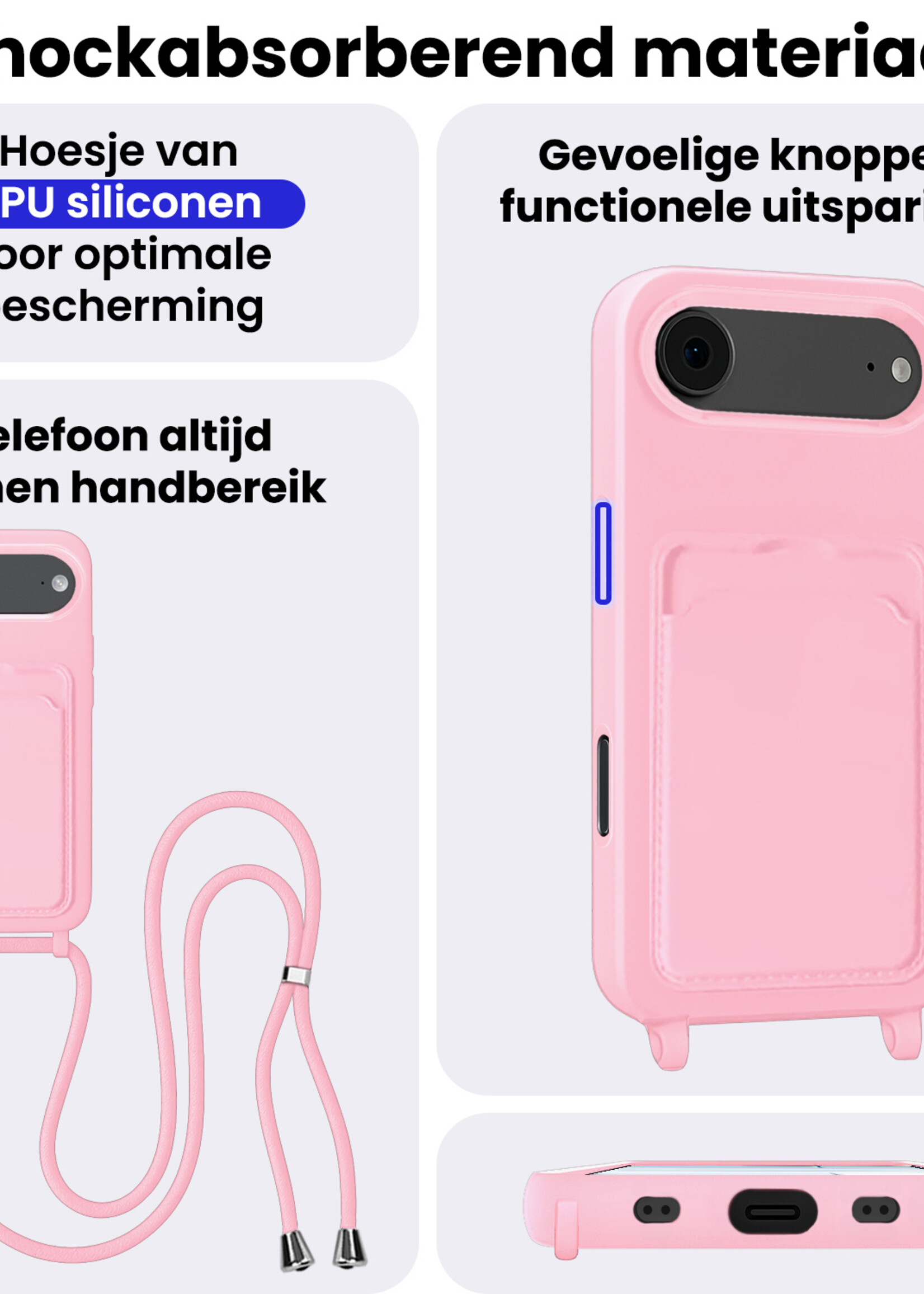 BTH BTH iPhone Air Hoesje Pashouder met Koord Met 2x Screenprotector - Lichtroze