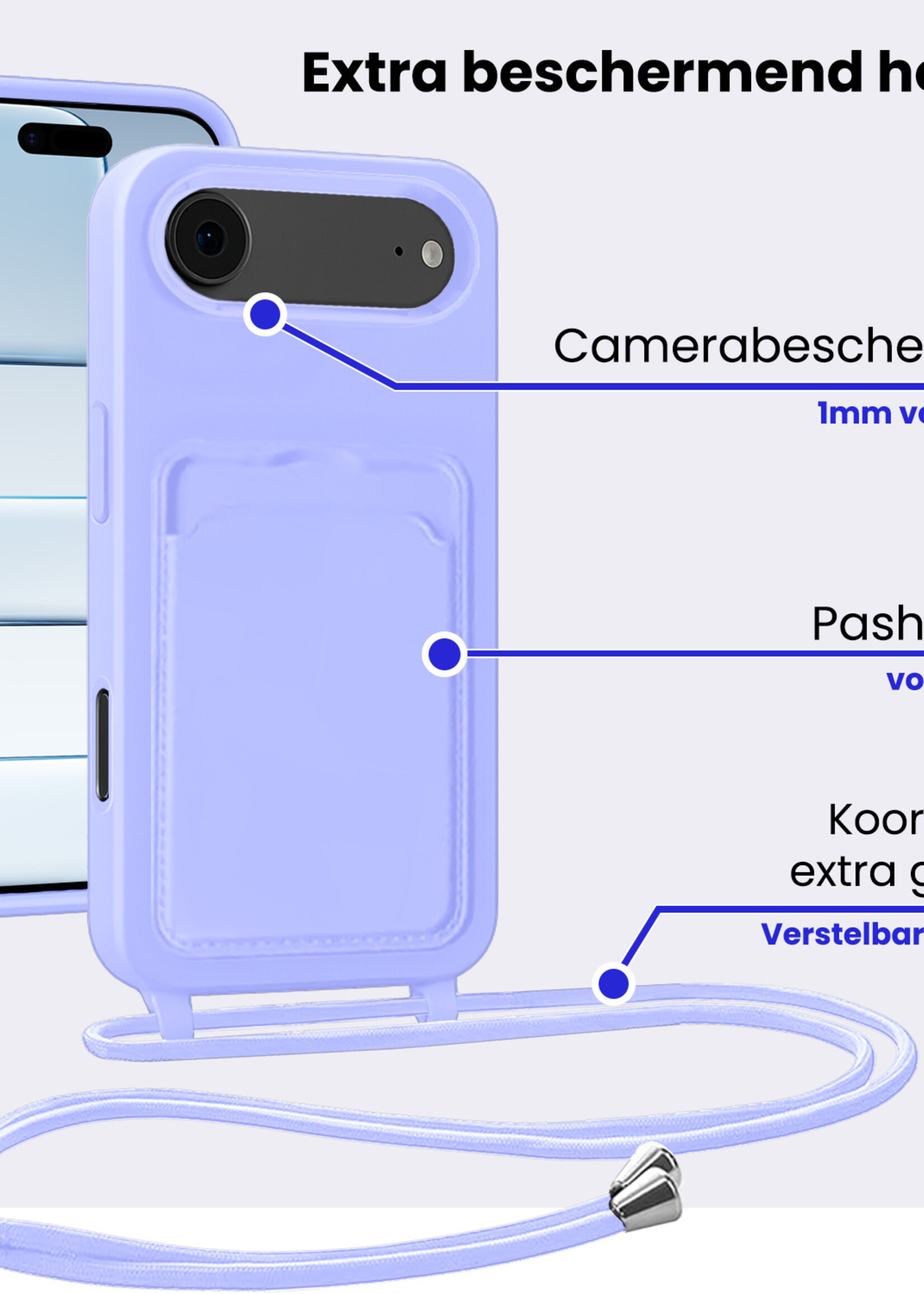 BTH BTH iPhone Air Hoesje Pashouder met Koord Met Screenprotector - Lila