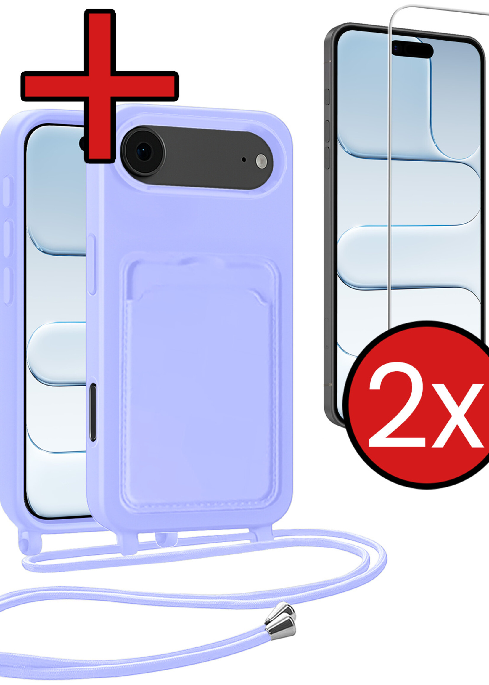 BTH BTH iPhone Air Hoesje Pashouder met Koord Met 2x Screenprotector - Lila