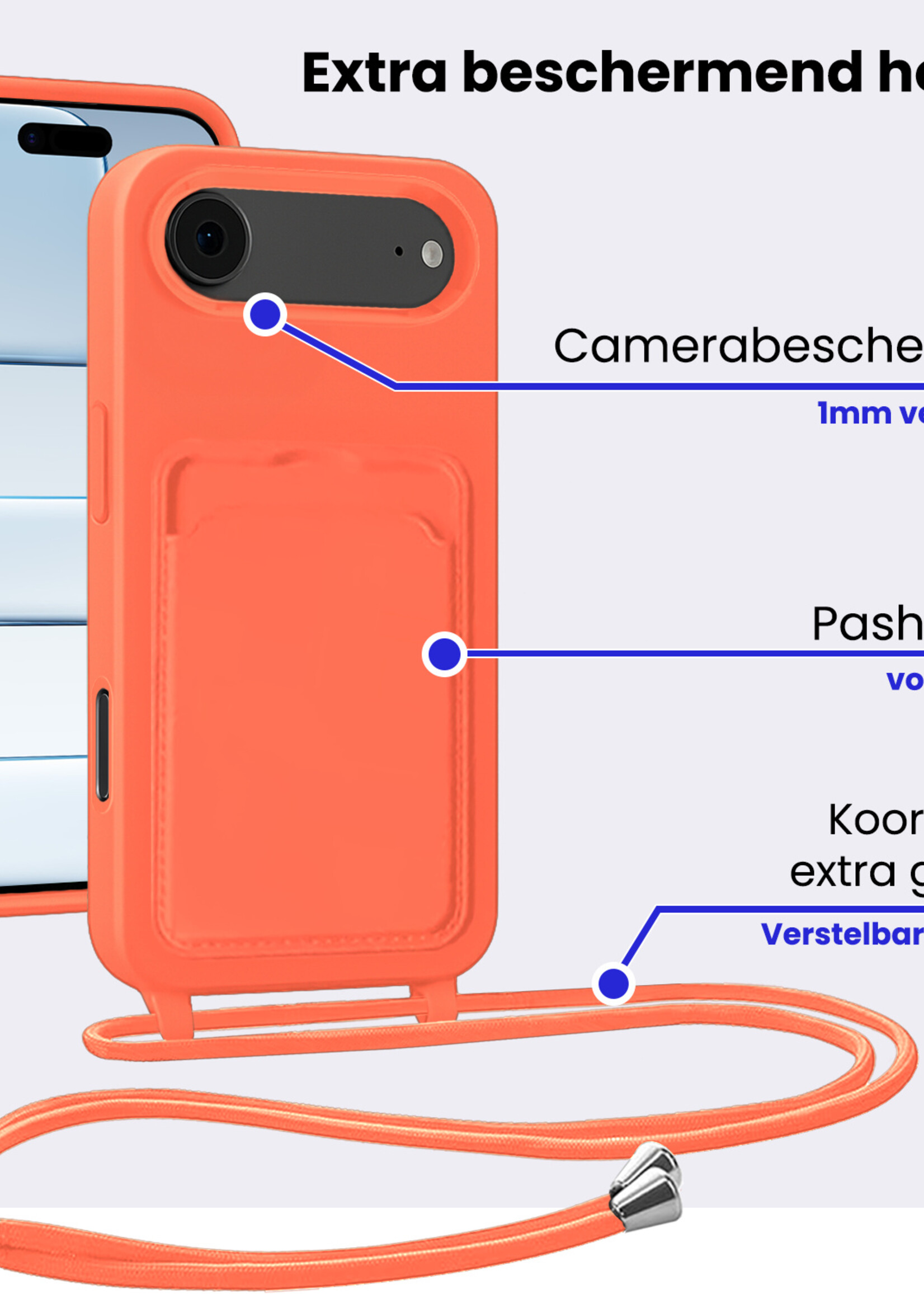 BTH BTH iPhone Air Hoesje Pashouder met Koord Met Screenprotector - Papaya