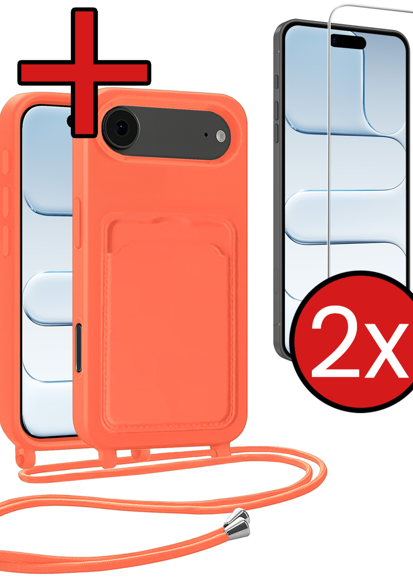 BTH BTH iPhone Air Hoesje Pashouder met Koord Met 2x Screenprotector - Papaya
