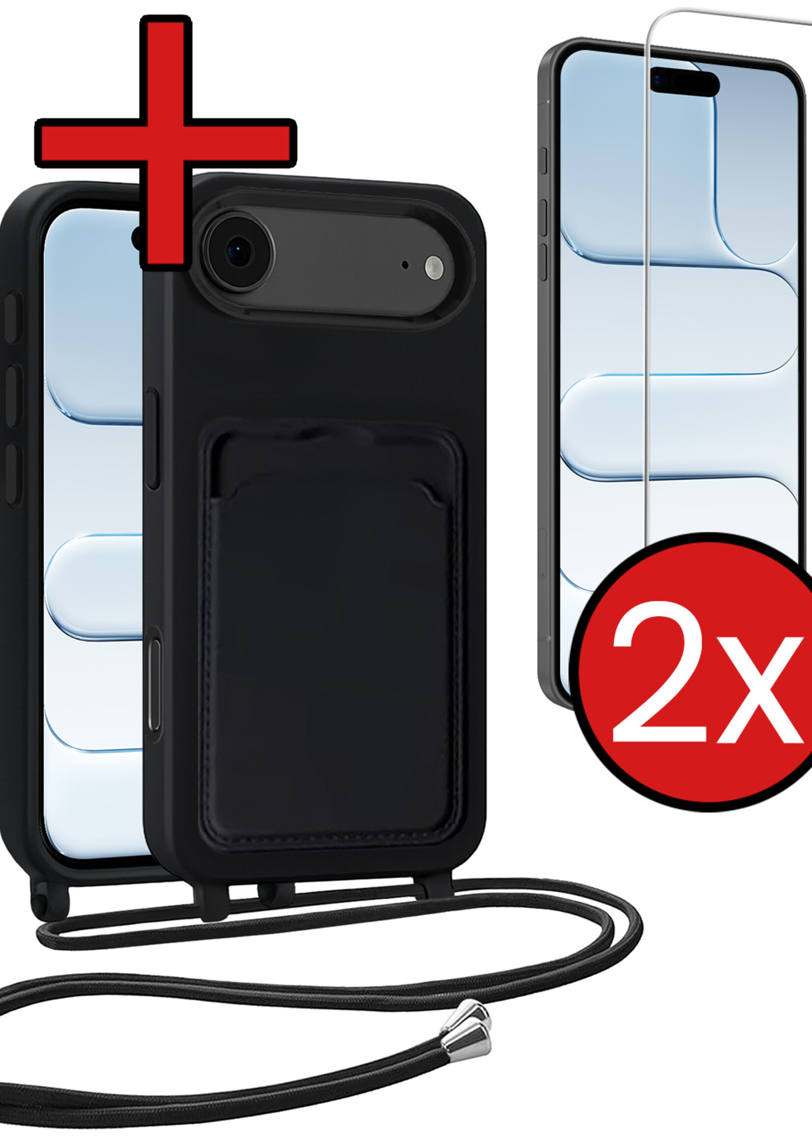 BTH BTH iPhone Air Hoesje Pashouder met Koord Met 2x Screenprotector - Zwart