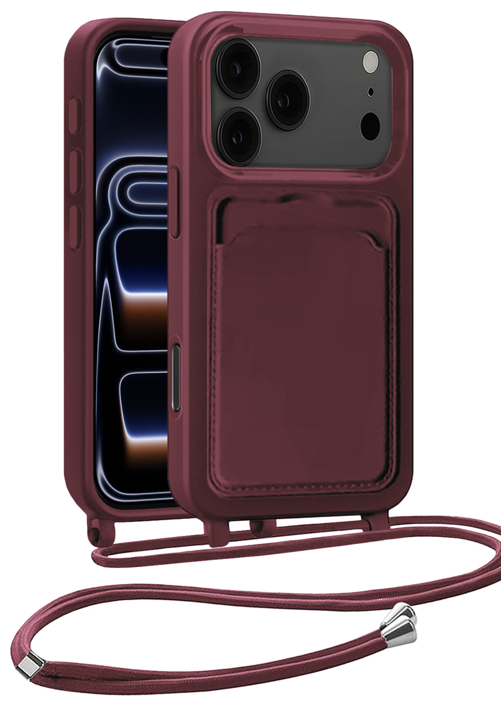 BTH BTH iPhone 17 Pro Hoesje Pashouder met Koord - Aubergine