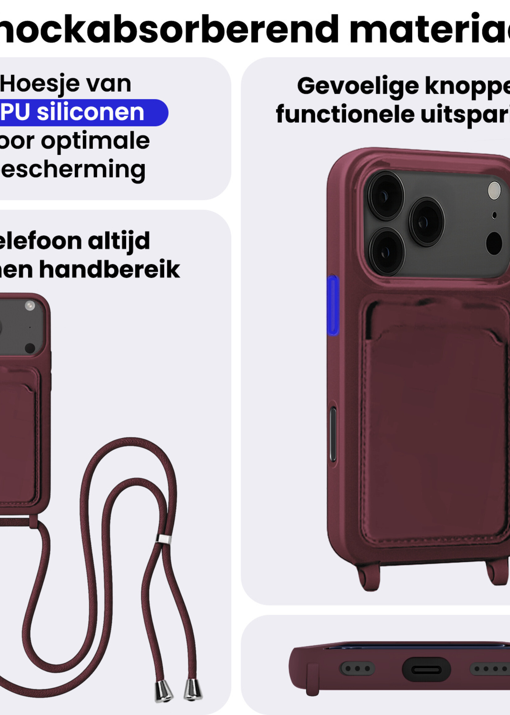 BTH BTH iPhone 17 Pro Hoesje Pashouder met Koord - Aubergine
