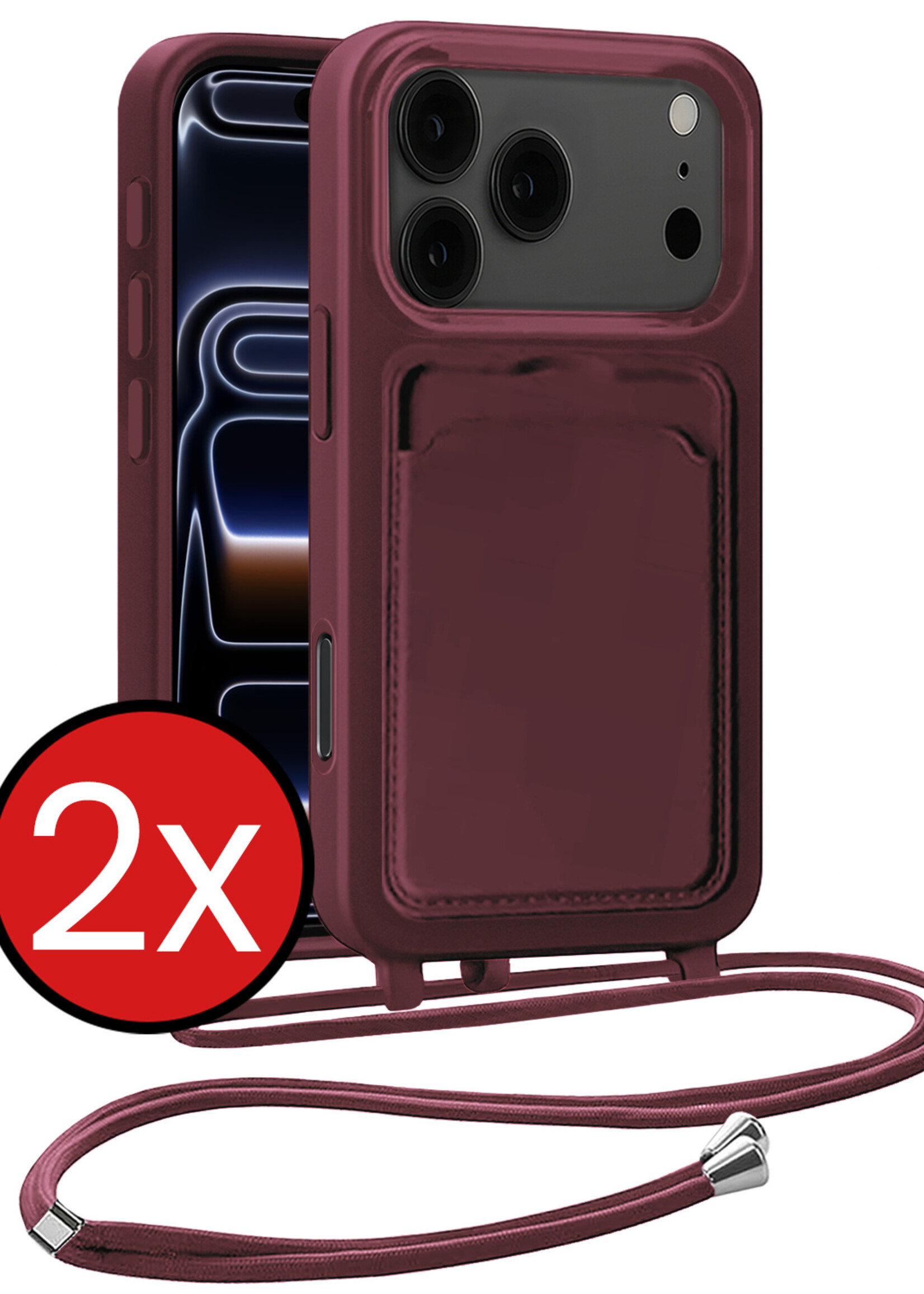 BTH BTH iPhone 17 Pro Hoesje Pashouder met Koord - Aubergine - 2 PACK