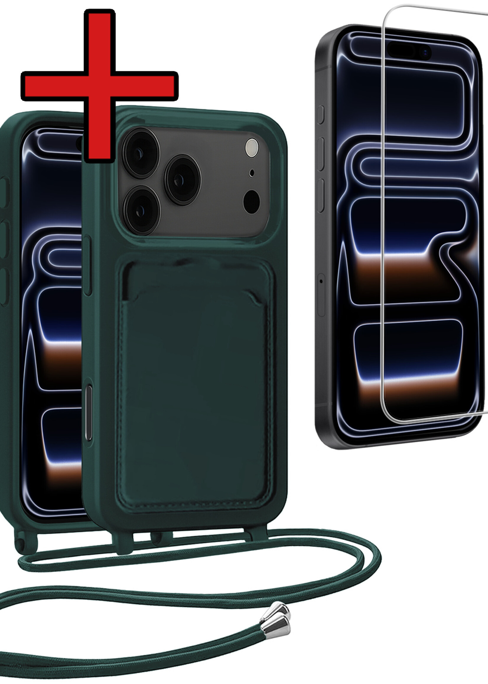 BTH BTH iPhone 17 Pro Hoesje Pashouder met Koord Met Screenprotector - Donkergroen