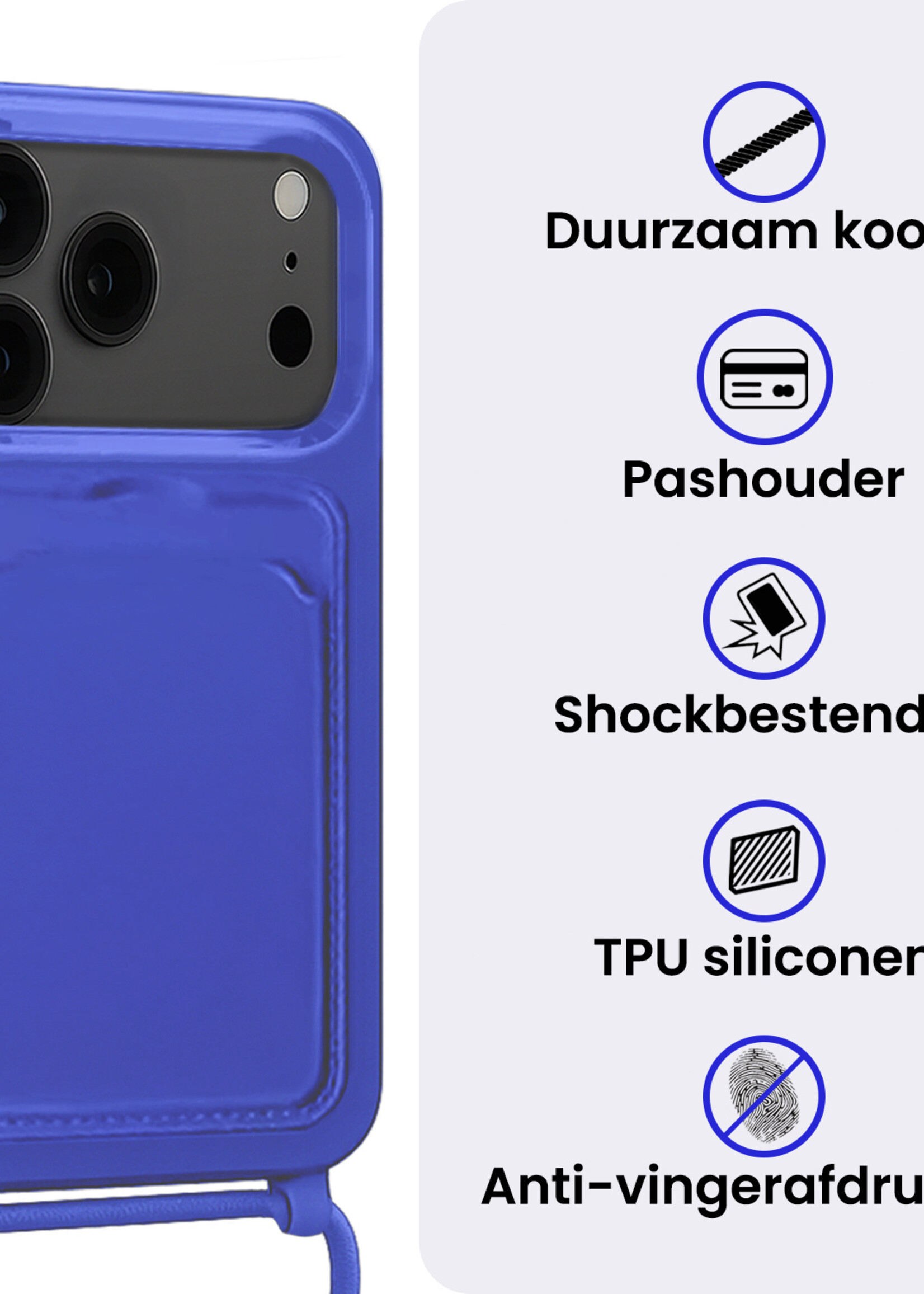 BTH BTH iPhone 17 Pro Hoesje Pashouder met Koord Met Screenprotector - Fel Blauw
