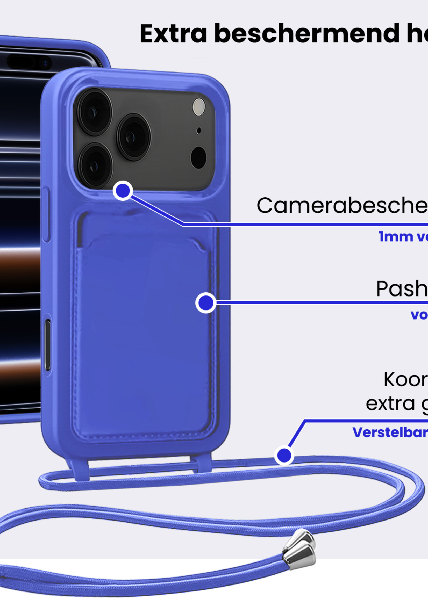 BTH BTH iPhone 17 Pro Hoesje Pashouder met Koord Met Screenprotector - Fel Blauw
