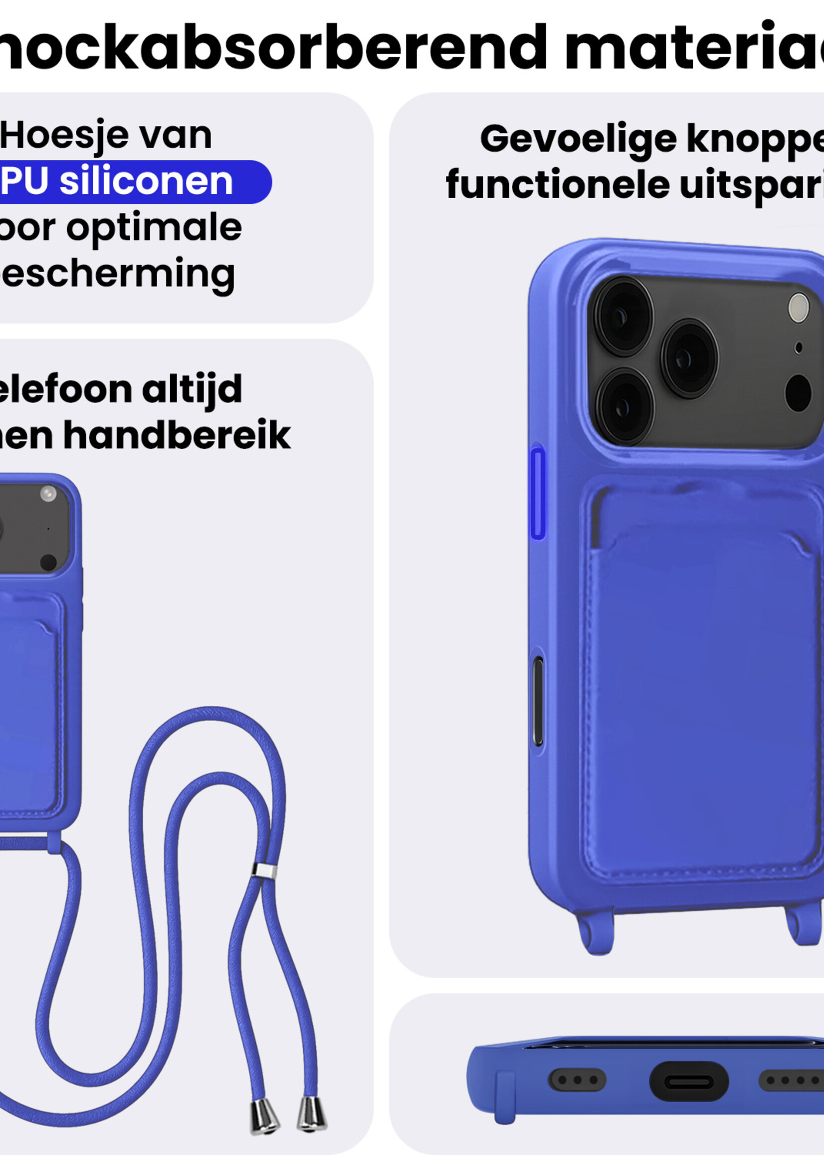 BTH BTH iPhone 17 Pro Hoesje Pashouder met Koord Met Screenprotector - Fel Blauw