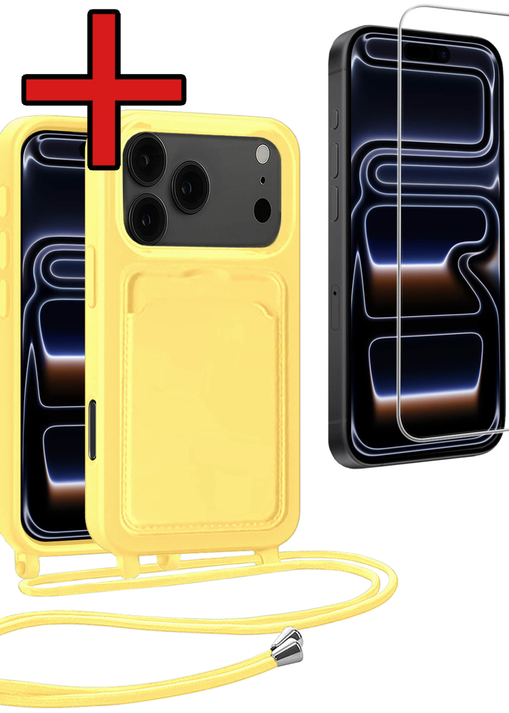 BTH BTH iPhone 17 Pro Hoesje Pashouder met Koord Met Screenprotector - Geel