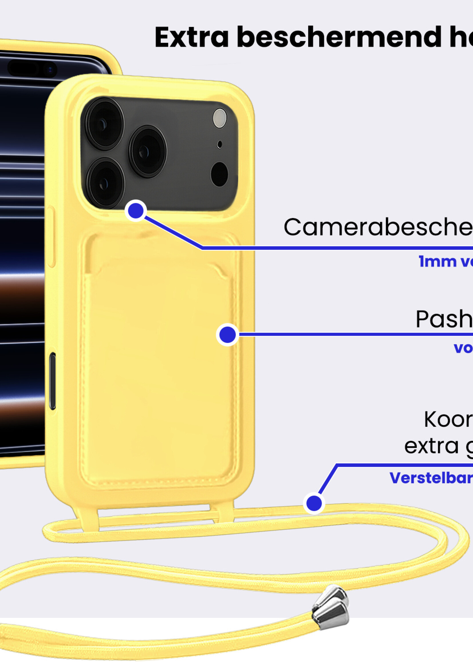 BTH BTH iPhone 17 Pro Hoesje Pashouder met Koord Met 2x Screenprotector - Geel