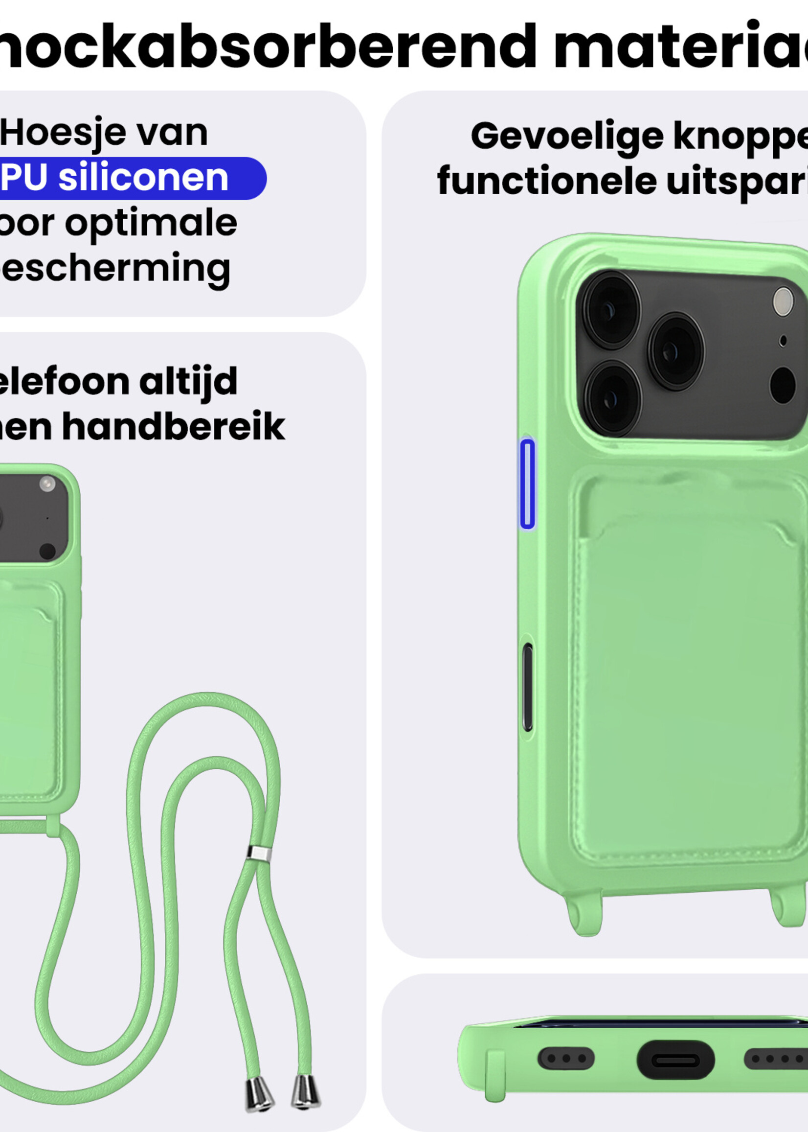 BTH BTH iPhone 17 Pro Hoesje Pashouder met Koord - Groen - 2 PACK