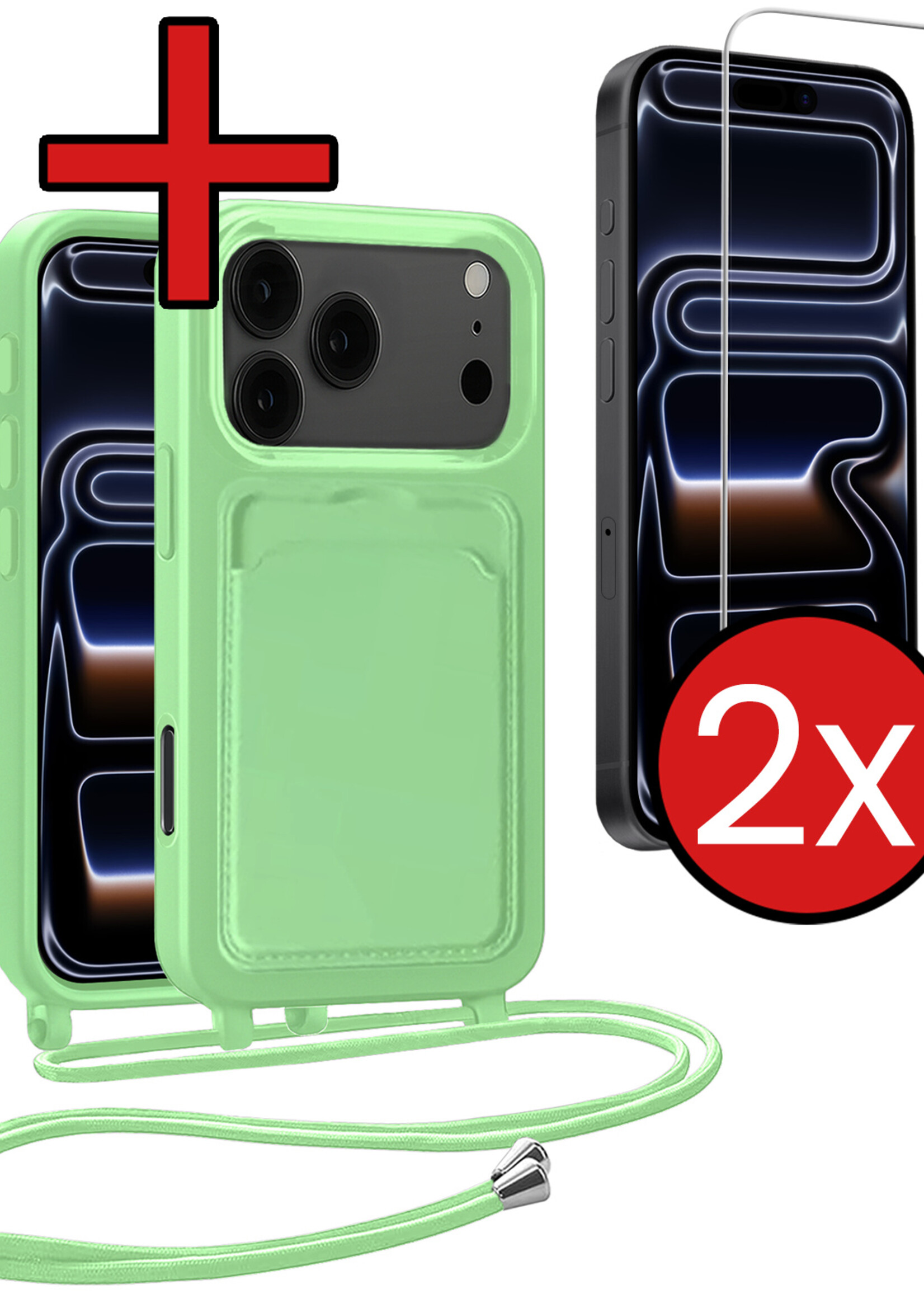 BTH BTH iPhone 17 Pro Hoesje Pashouder met Koord Met 2x Screenprotector - Groen