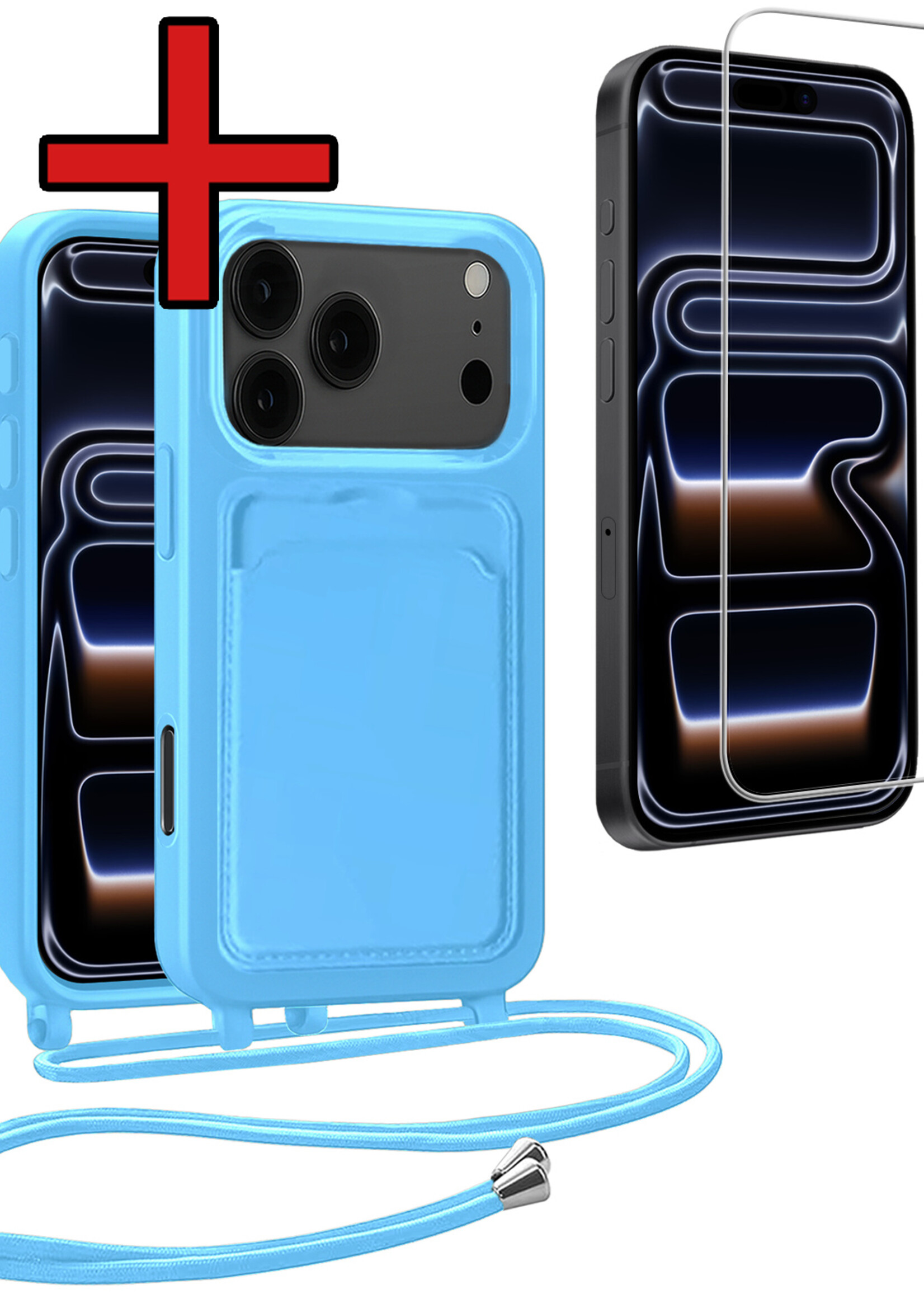 BTH BTH iPhone 17 Pro Hoesje Pashouder met Koord Met Screenprotector - Lichtblauw