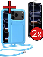 BTH BTH iPhone 17 Pro Hoesje Pashouder met Koord Met 2x Screenprotector - Lichtblauw