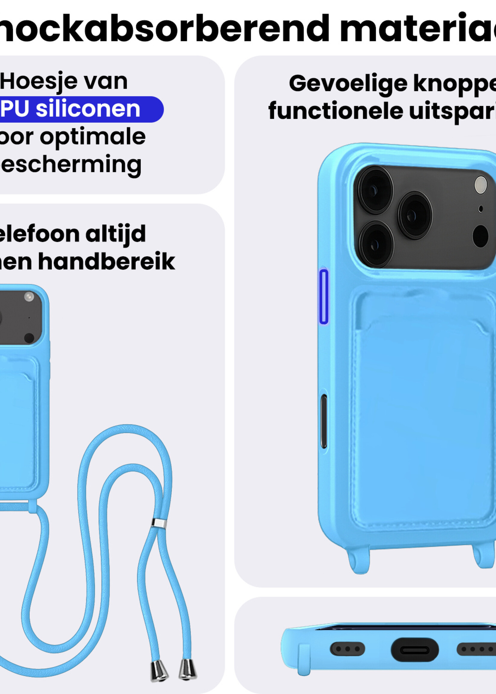BTH BTH iPhone 17 Pro Hoesje Pashouder met Koord Met 2x Screenprotector - Lichtblauw
