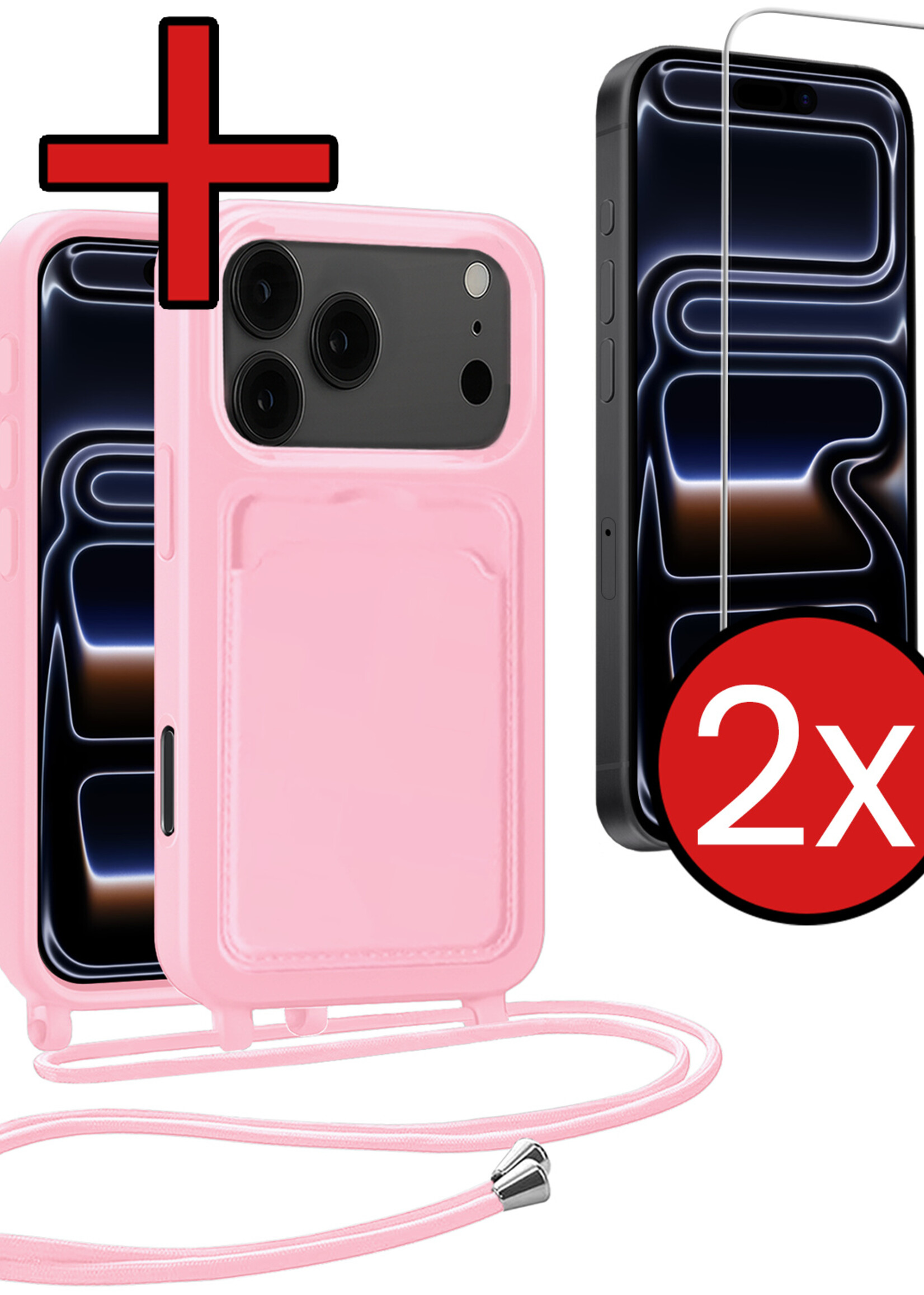 BTH BTH iPhone 17 Pro Hoesje Pashouder met Koord Met 2x Screenprotector - Lichtroze