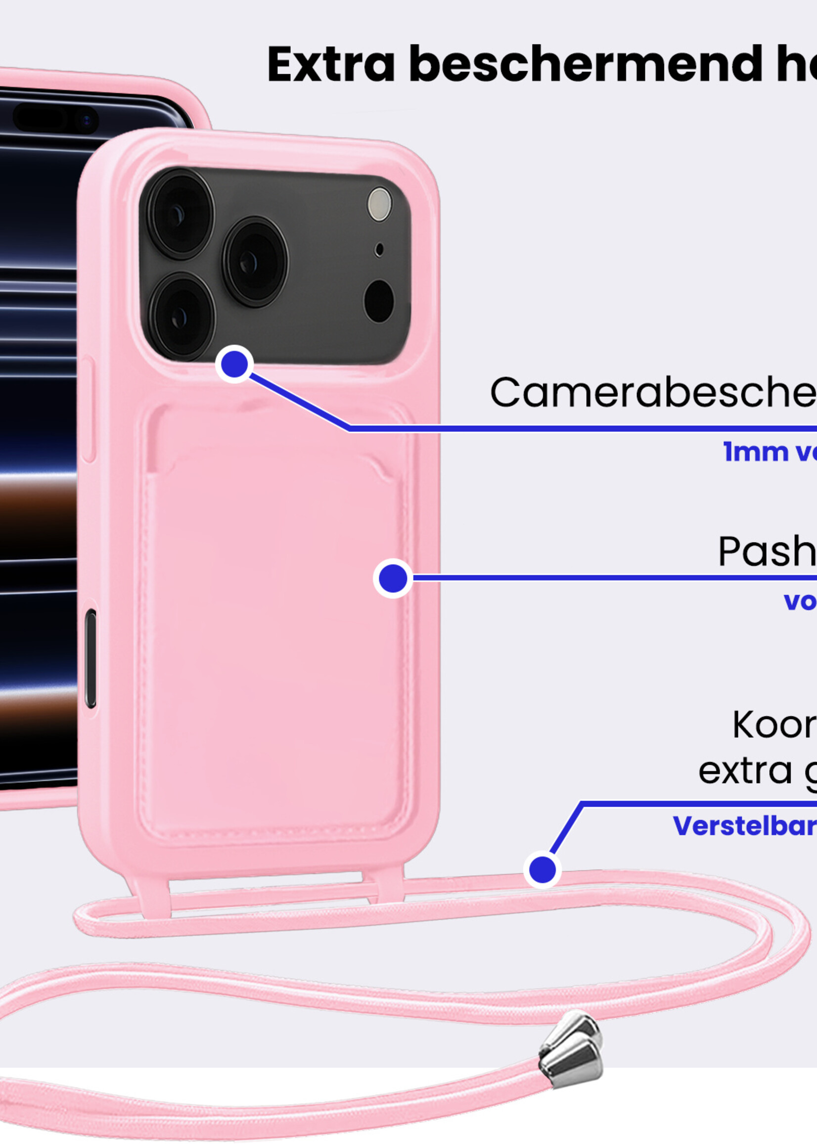 BTH BTH iPhone 17 Pro Hoesje Pashouder met Koord Met 2x Screenprotector - Lichtroze