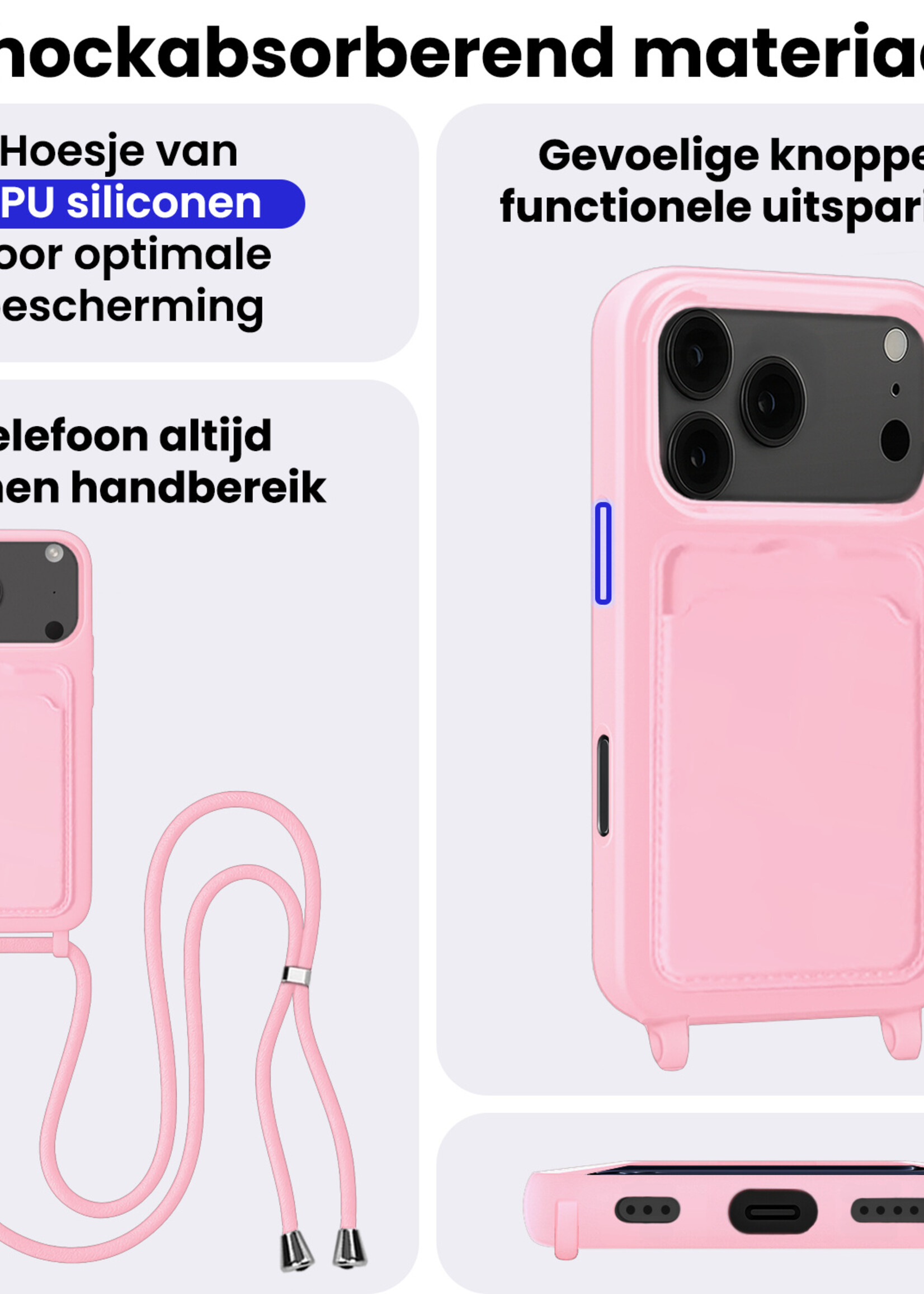 BTH BTH iPhone 17 Pro Hoesje Pashouder met Koord Met 2x Screenprotector - Lichtroze
