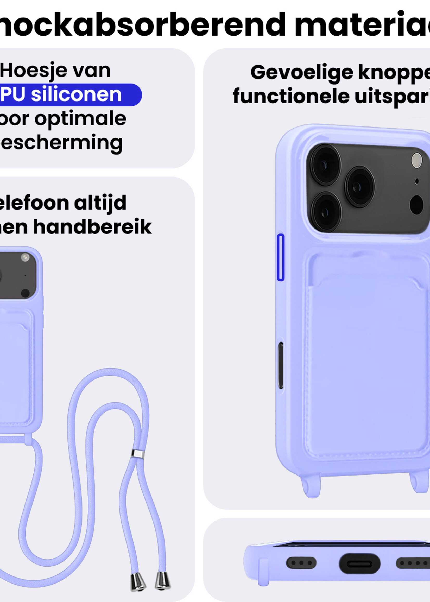 BTH BTH iPhone 17 Pro Hoesje Pashouder met Koord - Lila