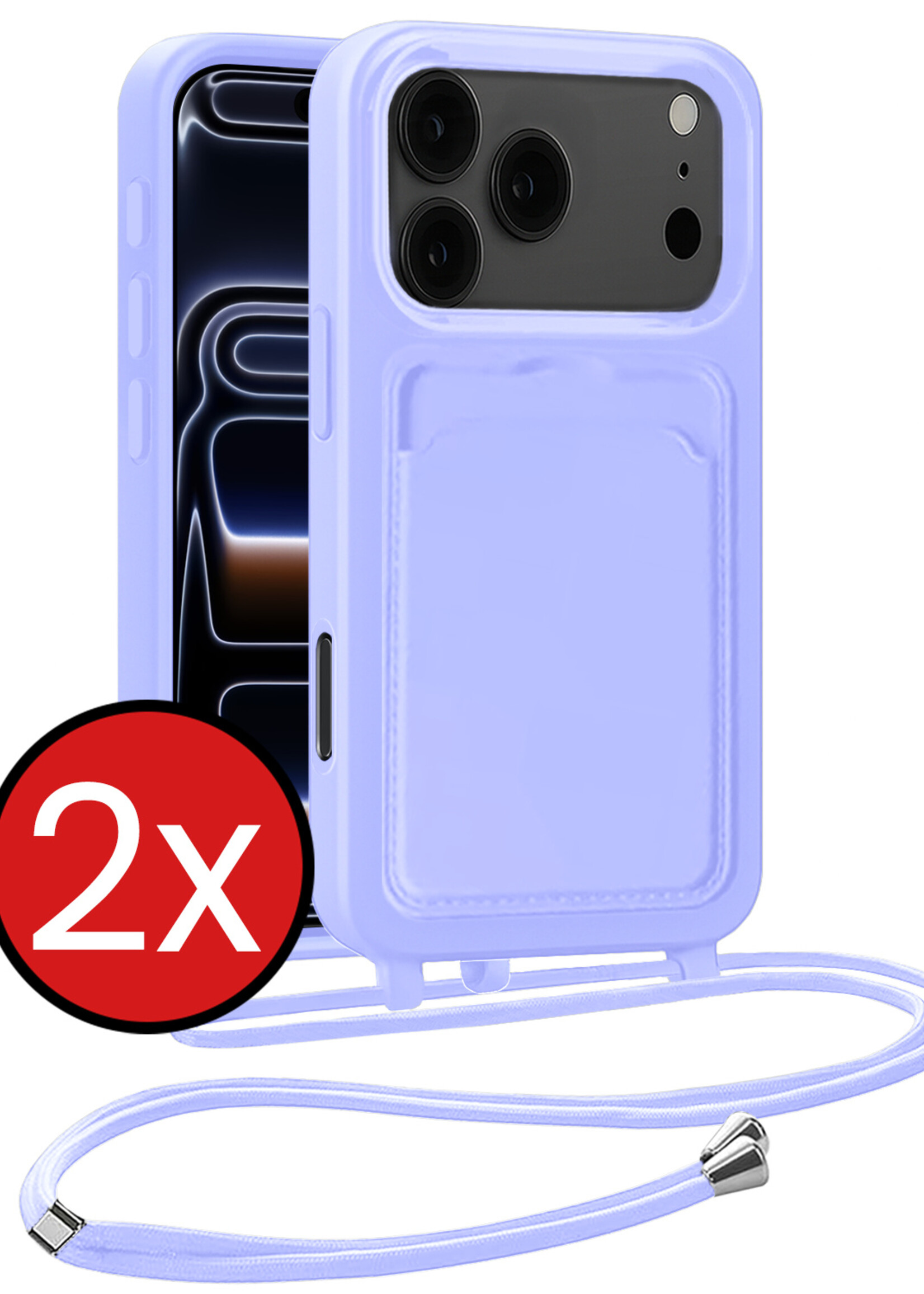 BTH BTH iPhone 17 Pro Hoesje Pashouder met Koord - Lila - 2 PACK